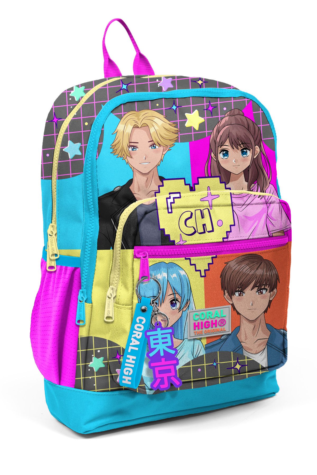 Coral High Kids Gri Mavi Pembe Anime Desenli Dört Bölmeli Okul Sırt Çantası 23737