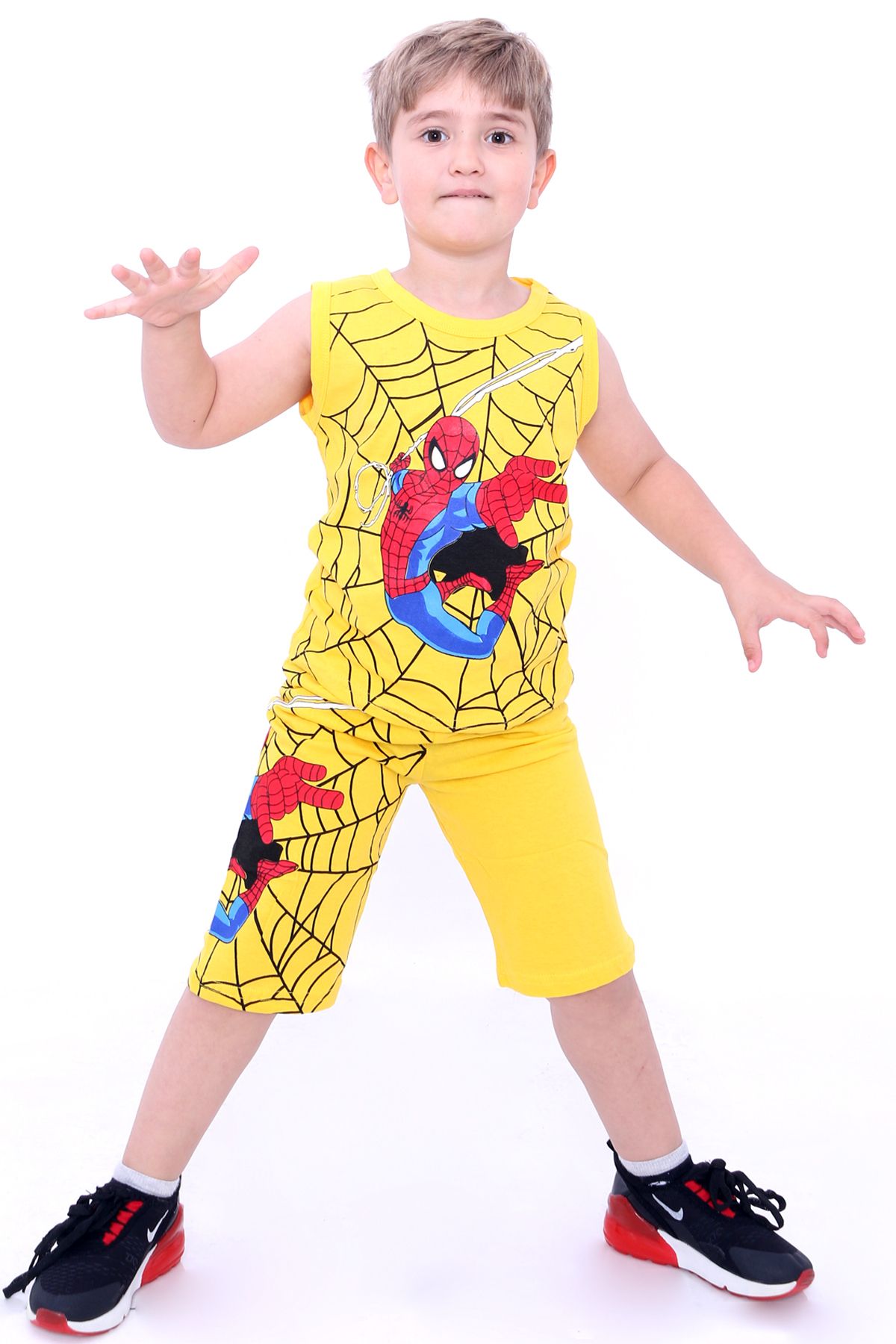 Cansın Mini Erkek Çocuk Sarı Örümcek Baskı Sıfır Kol Şortlu Takım 12465