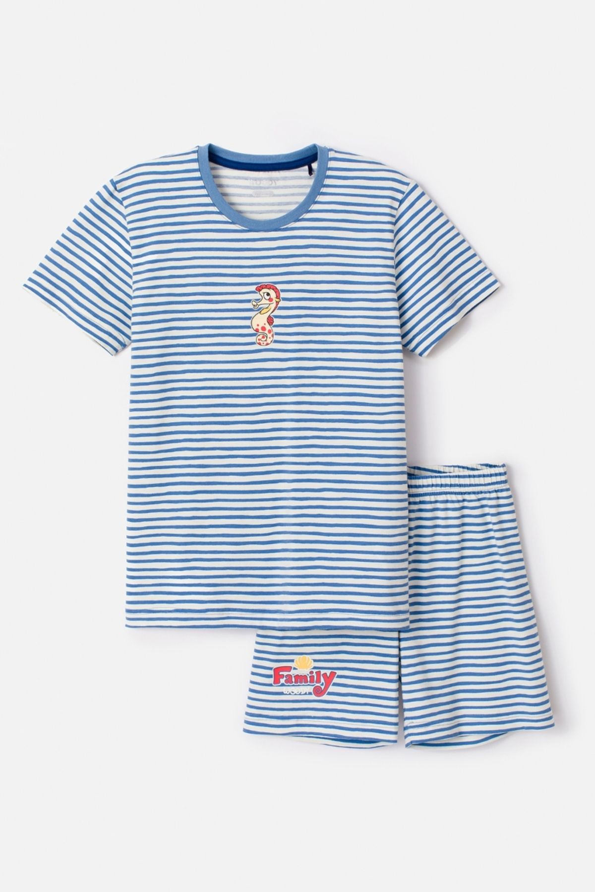 Woody 10-16 Yaş Erkek Çocuk Pijama-pza - 921-denizatı Temalı Çizgili Mavi