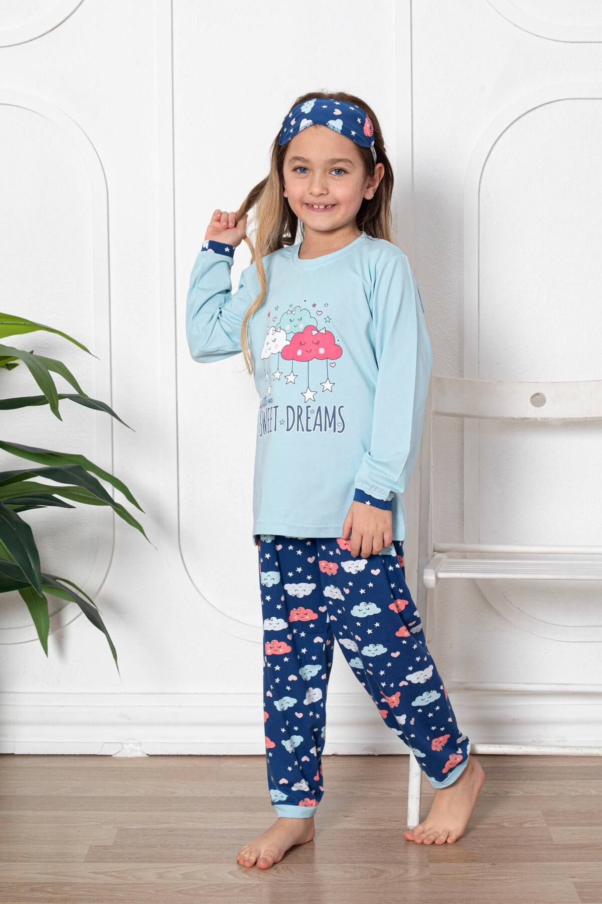 Meba Kız Çocuk Garson Boy Mavi Bulut Desen Interlok Penye Pijama Takımı Uyku Bandı Hediyeli