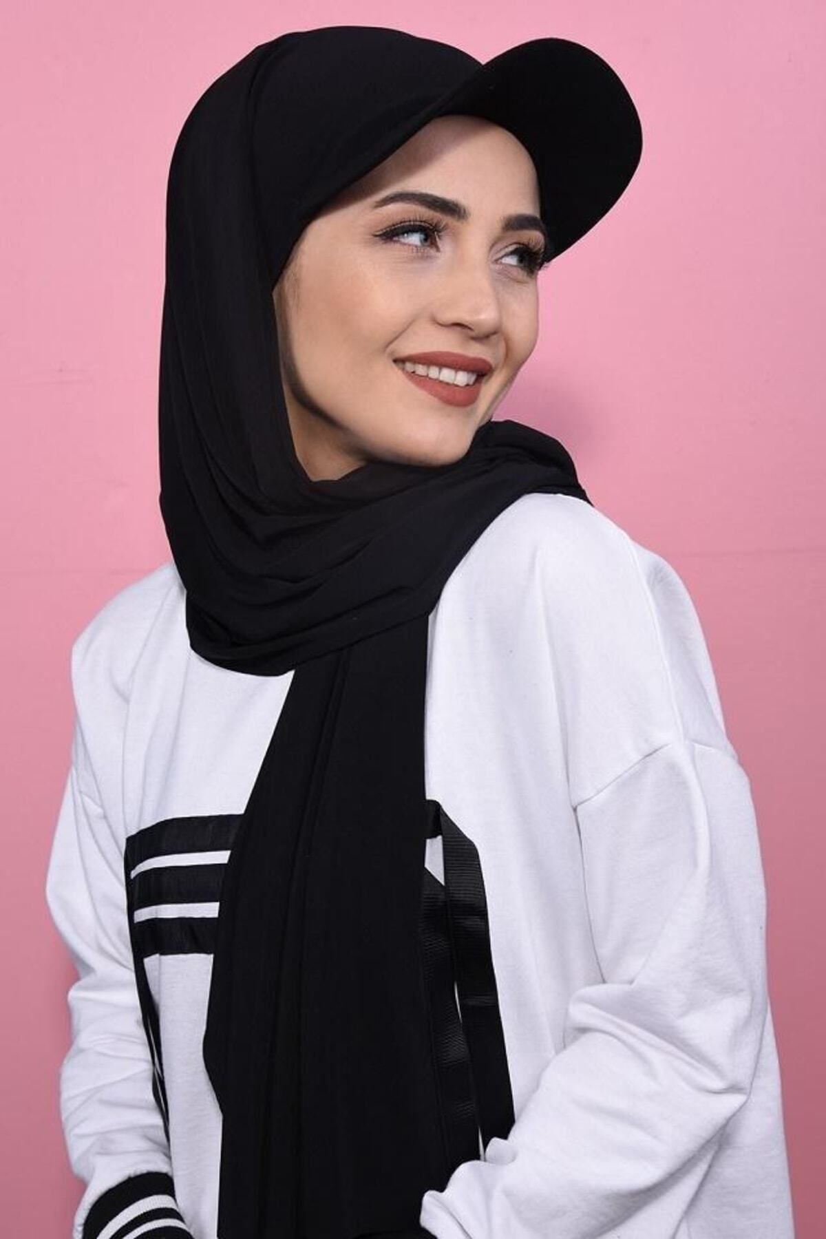 ŞİNKESK Şapkalı Boneli Hazır Şal Hijab Üstü Kullanılabilen Havuz Deniz Bone Şal Siyah