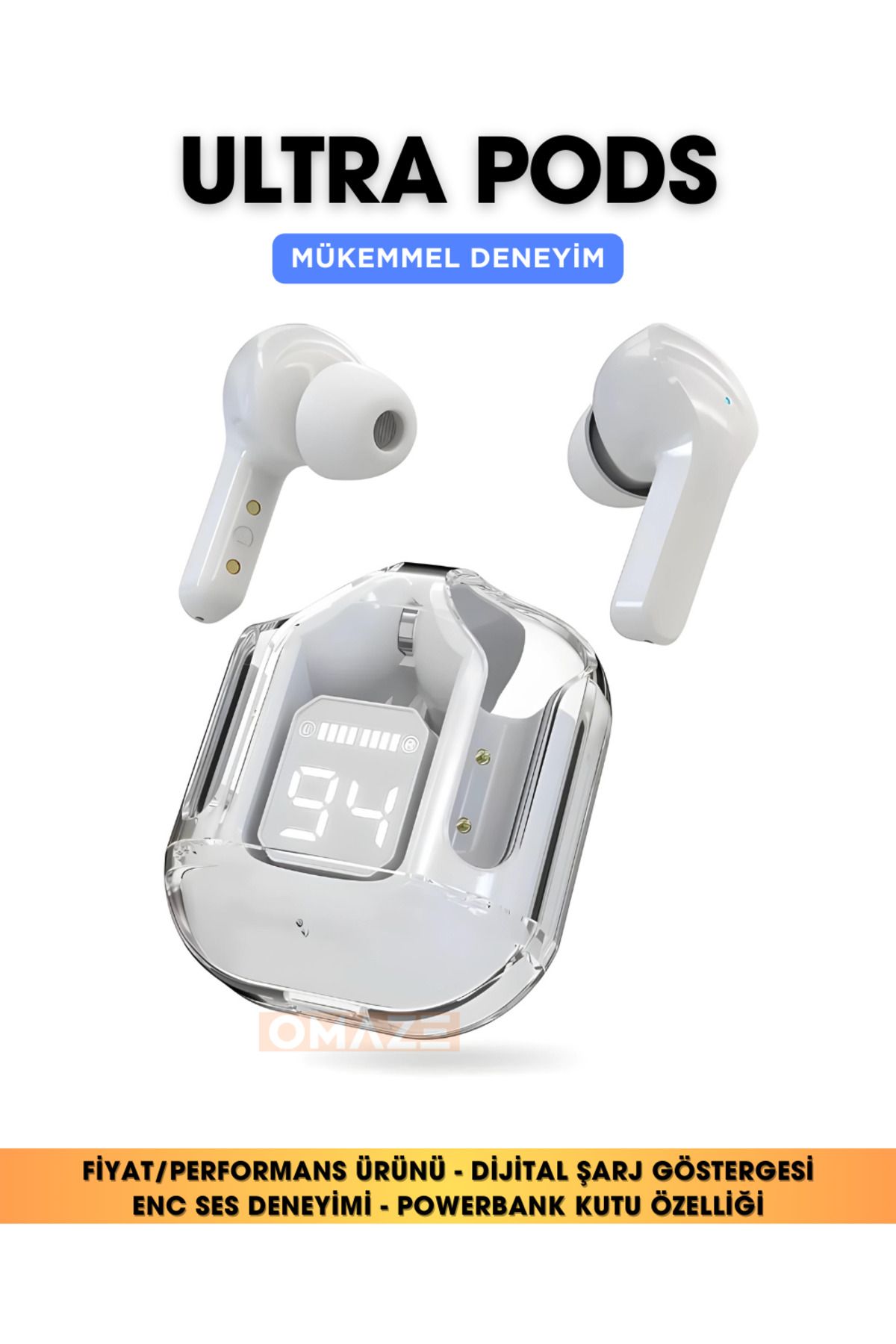 Omaze Ultrapods Kablosuz Bluetooth Kulaklık Powerbank Özellikli Dijital Ekranlı Enc Modu