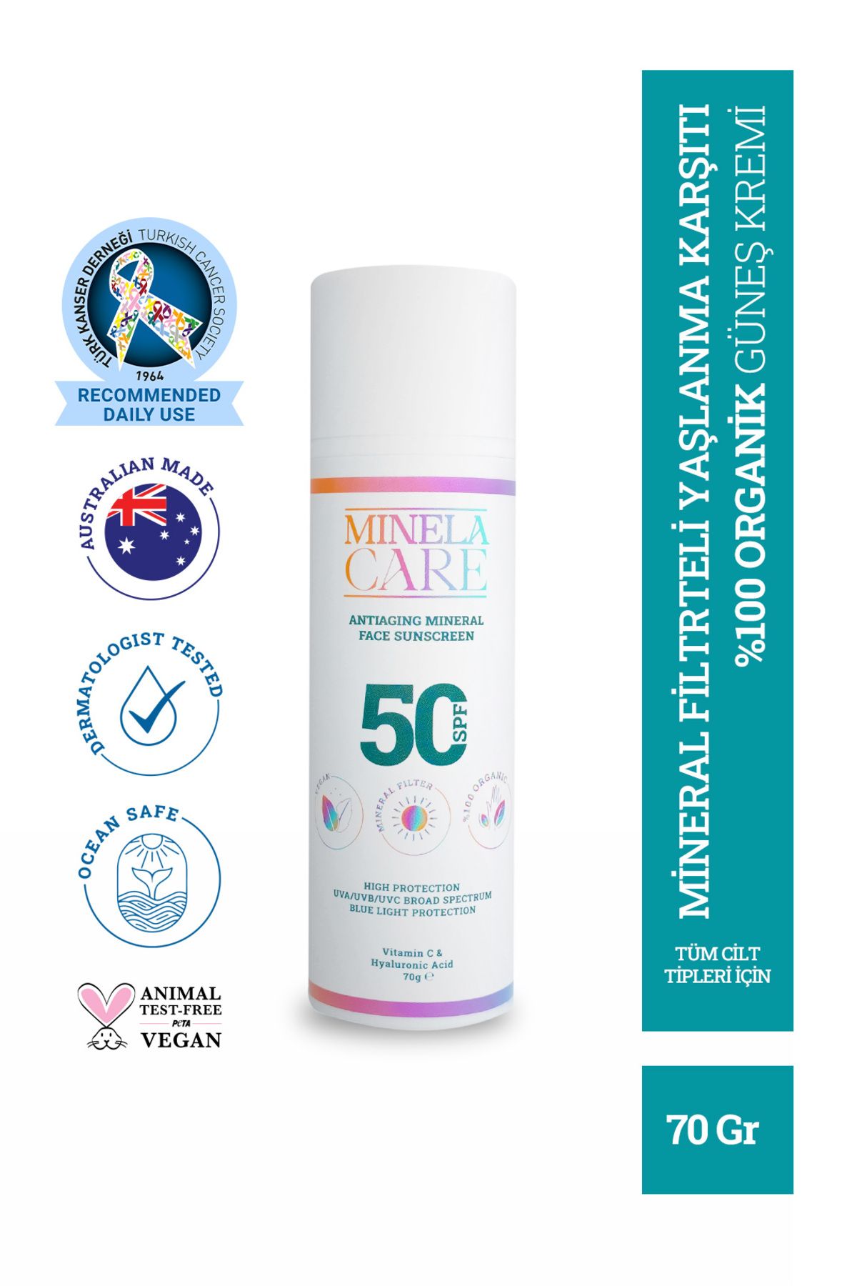 Minelacare Leke Ve Yaşlanma Karşıtı Vitamin C Organik Mineral Filtreli Yüz Güneş Kremi Spf 50 70gr