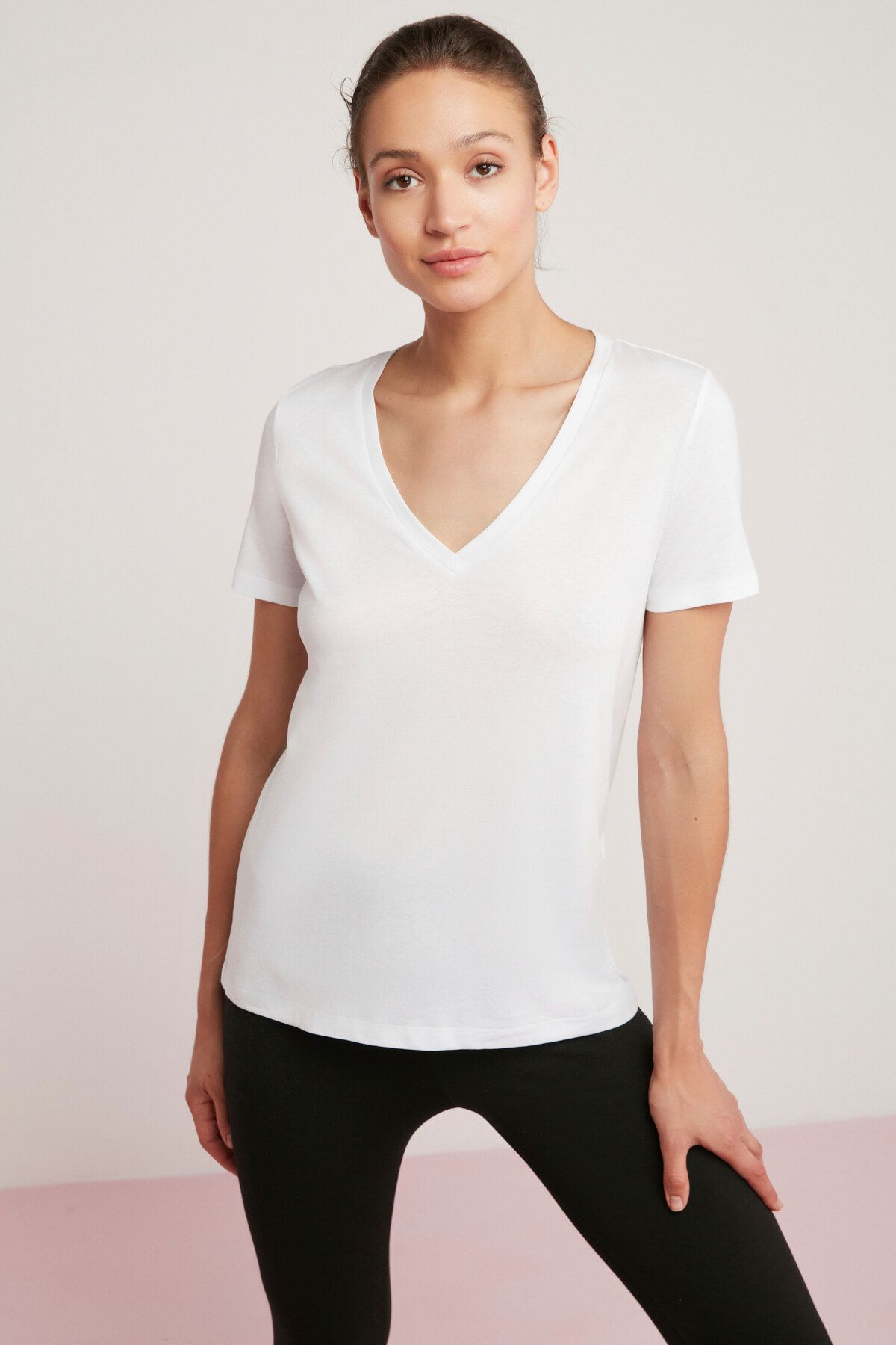ETHIQUET Mabel Kadın 100% Pamuk V Yaka Yarım Kollu Beyaz T-shirt