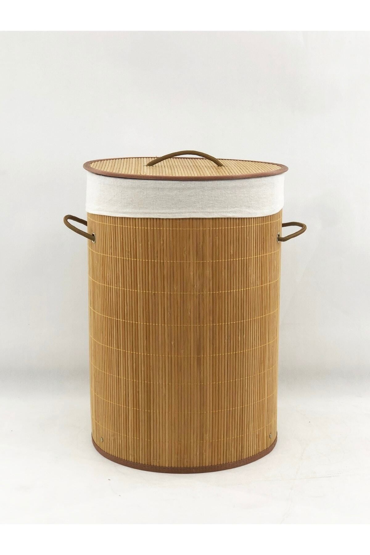Lorin Katlanır Banyo Bambu Çamaşır Kirli Sepeti Yuvarlak Oval Naturel