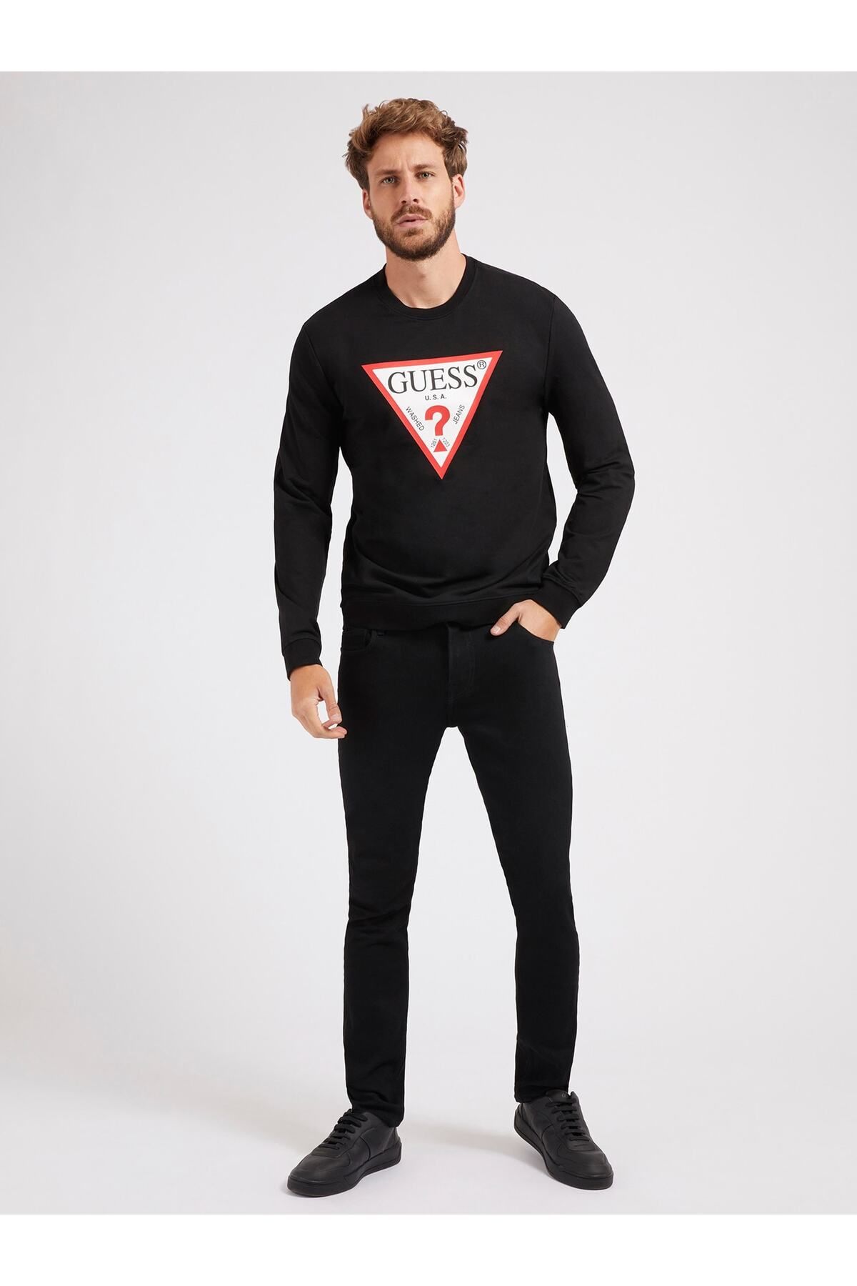 Guess Üçgen Logolu Erkek Sweatshirt-Siyah