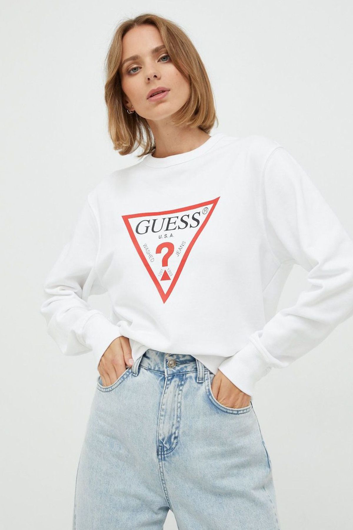 Guess Kadın Guess Logolu Sweatshirt - Beyaz