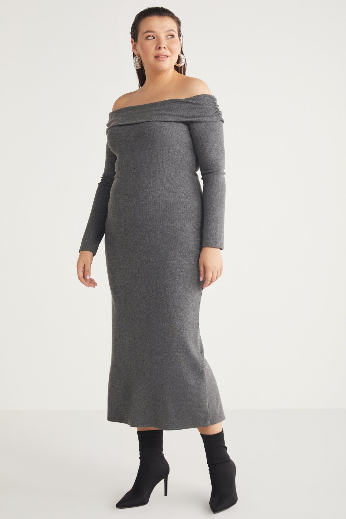 ETHIQUET Kızukıbb Kadın Kayık Yaka Uzun Kol Grimelanj Büyük Beden Elbise