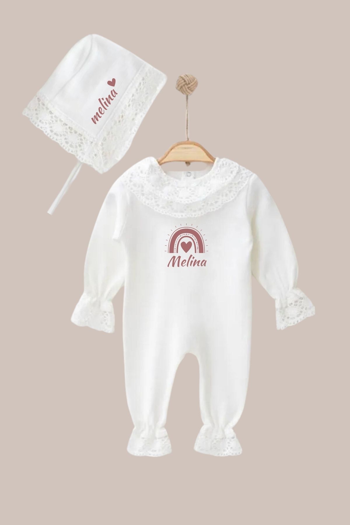 Minytrendy Kız Bebek Isimli Yenidoğan Tulum Fistolu Şapka Hastane Çıkışı Mevlüt Kıyafeti Bebek Hediyelik-beyaz
