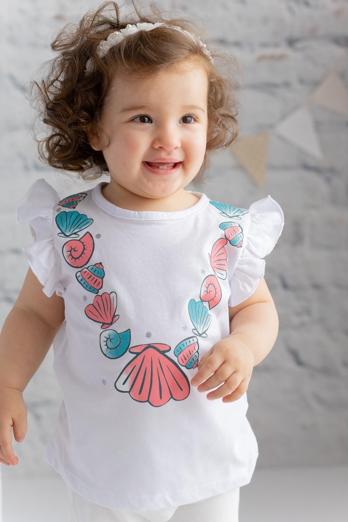Zeyland Kız Bebek Deniz Kabuğu Baskılı Kolları Fırfırlı T-shirt