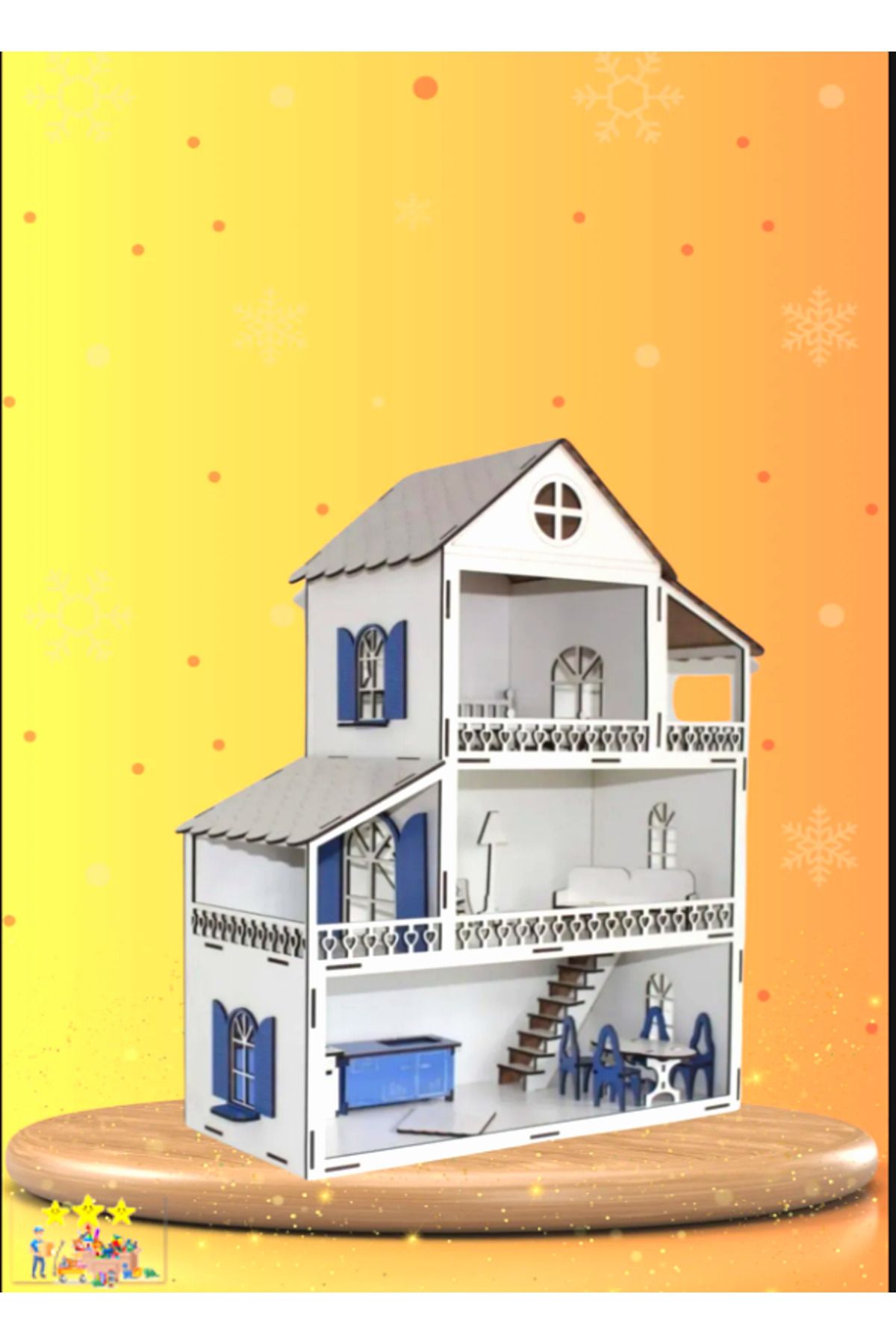 CANDARİKO Eğitici Oyuncaklar Maket Ev Eşyalı Ahşap Çocuk Oyun Evi 14 Parça Oyuncak 60cm Mavi&beyaz Oyuncak Ev