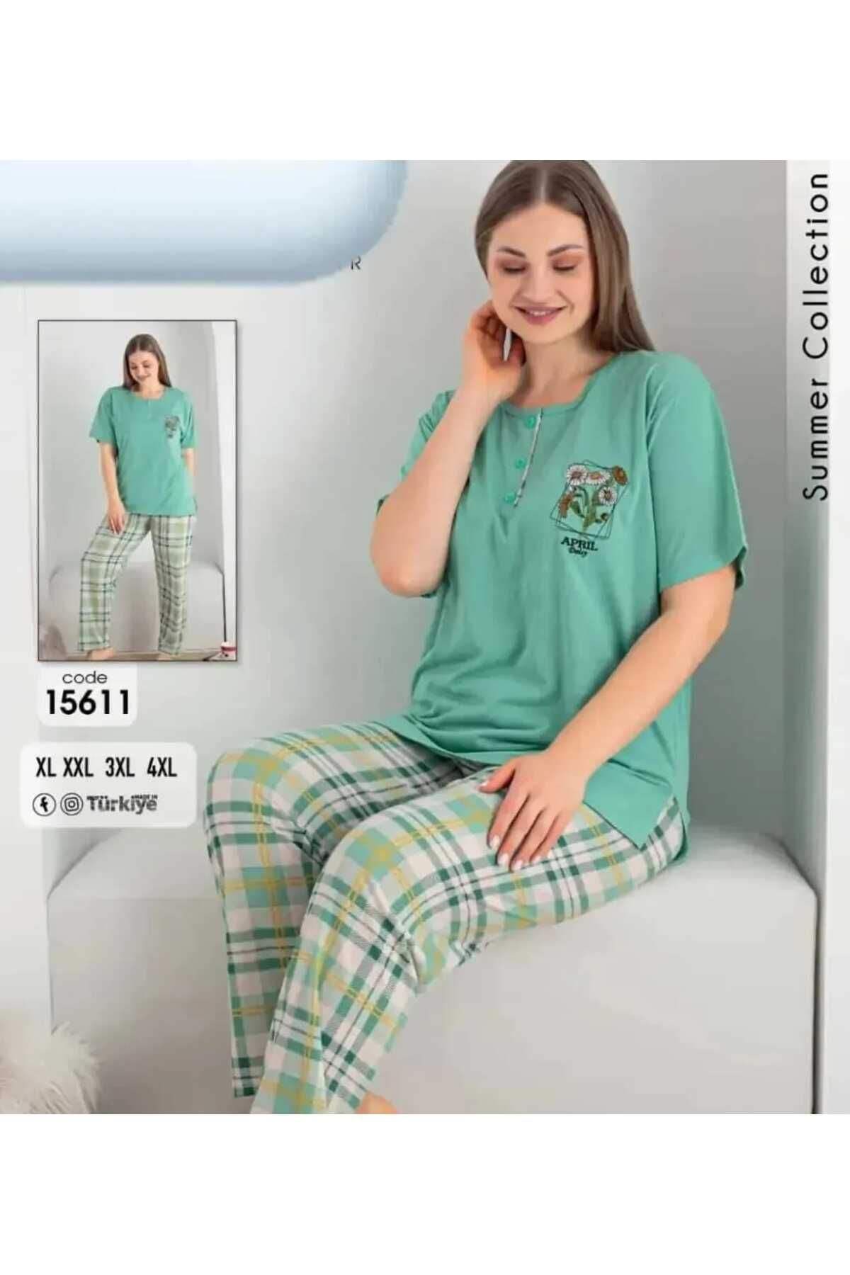 pijamakeyfi Kadın Kısa Kol Sıfır Yaka Ekose Desenli Pijama Takımı