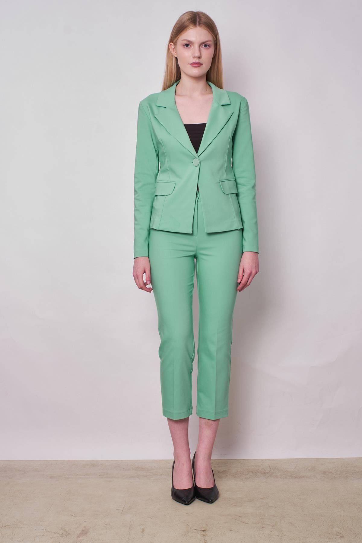 Jument Kadın Yakalı Cep Kapaklı Uzun Kol Hafif Likralı Kumaş Blazer Ceket(Pantolon Jument 40076)-Mint