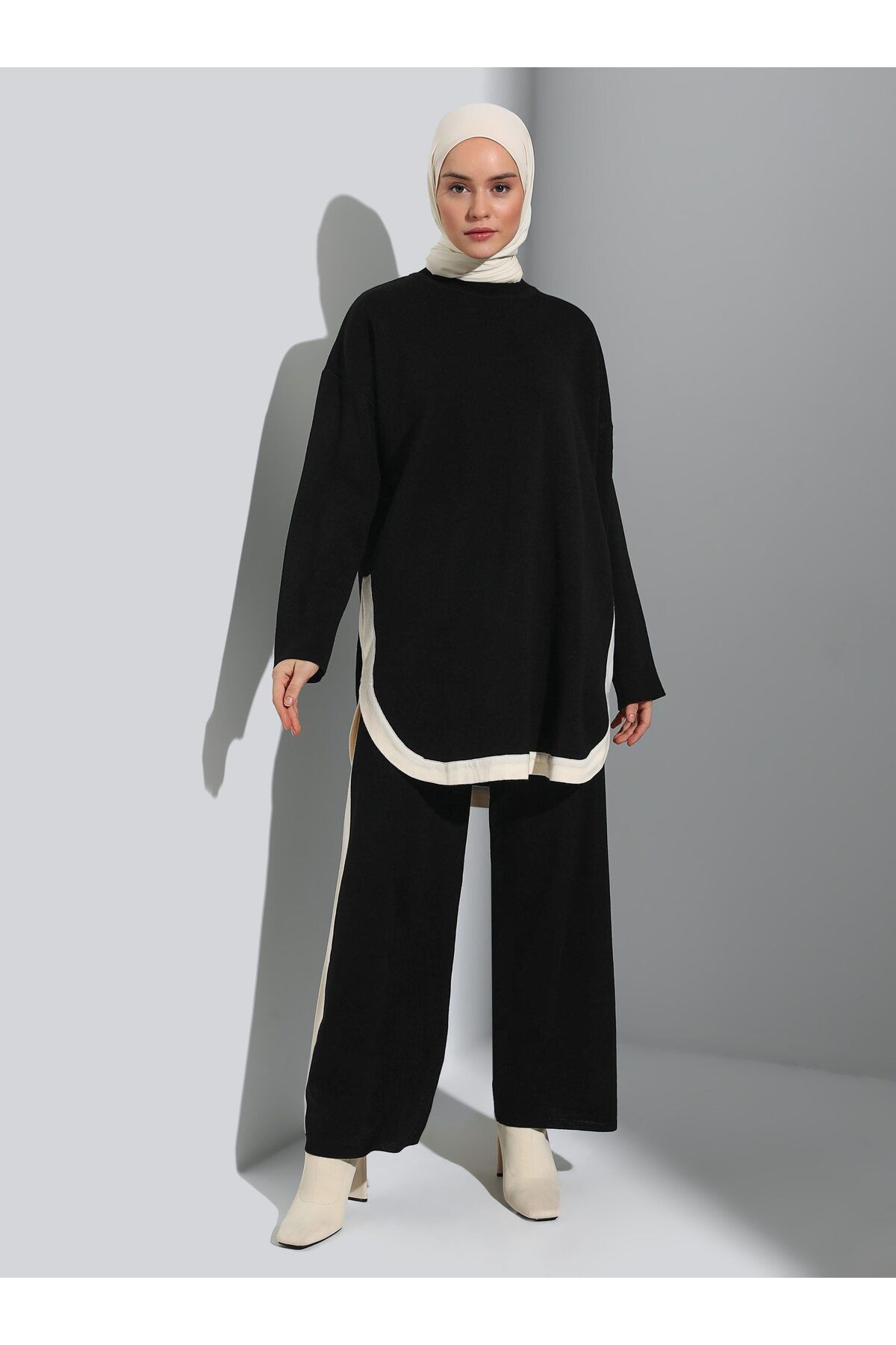 Refka Şerit Detaylı Tunik&Pantolon Triko Takım - Siyah Off White - Refka