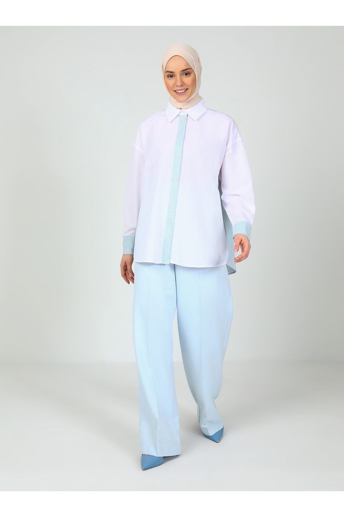 Tavin Renk Bloklu Bluz / Gömlek - Mavi Çizgili-Beyaz - Tavin