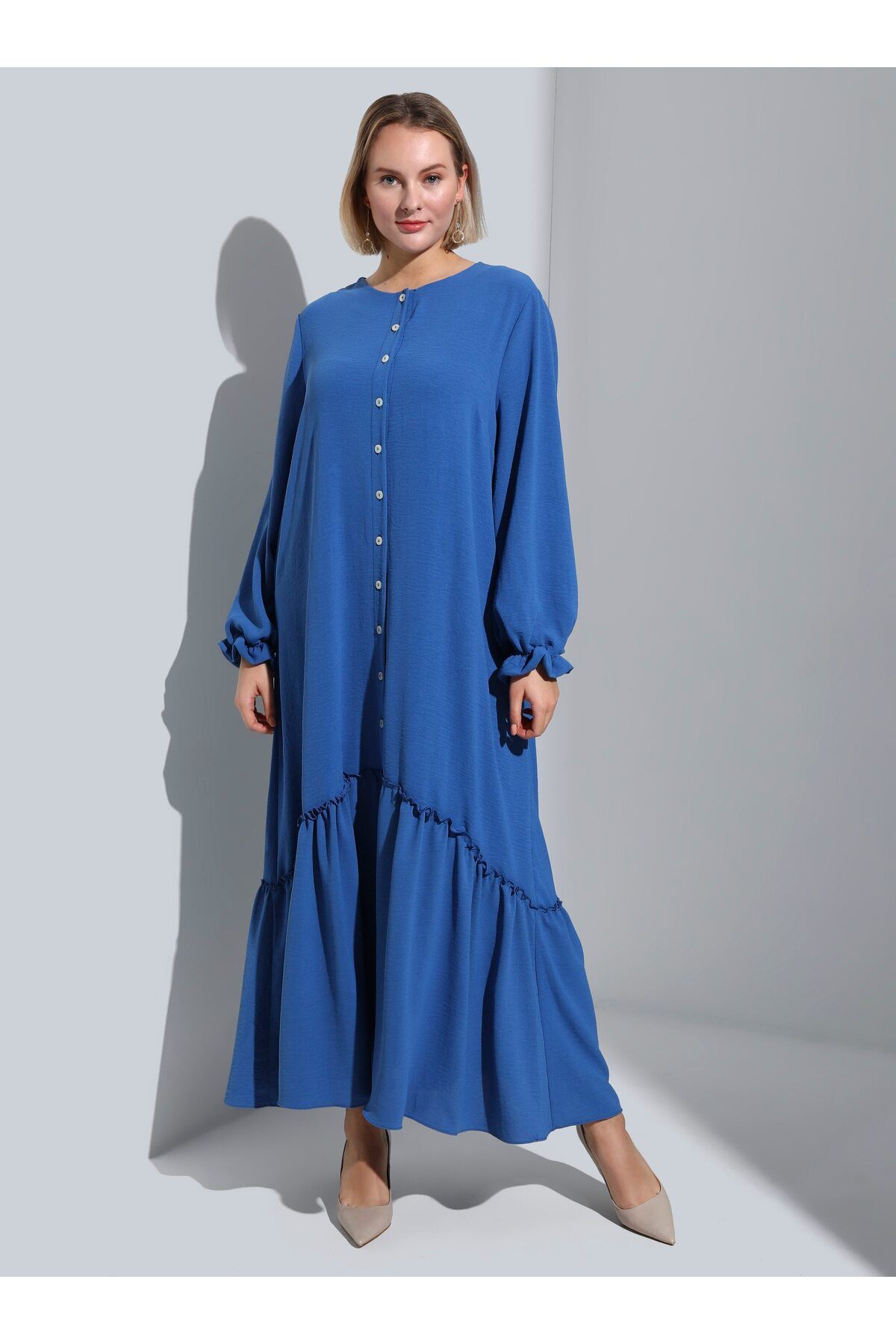 Alia Büyük Beden Boydan Düğmeli Aerobin Elbise - İndigo Mavi - Alia