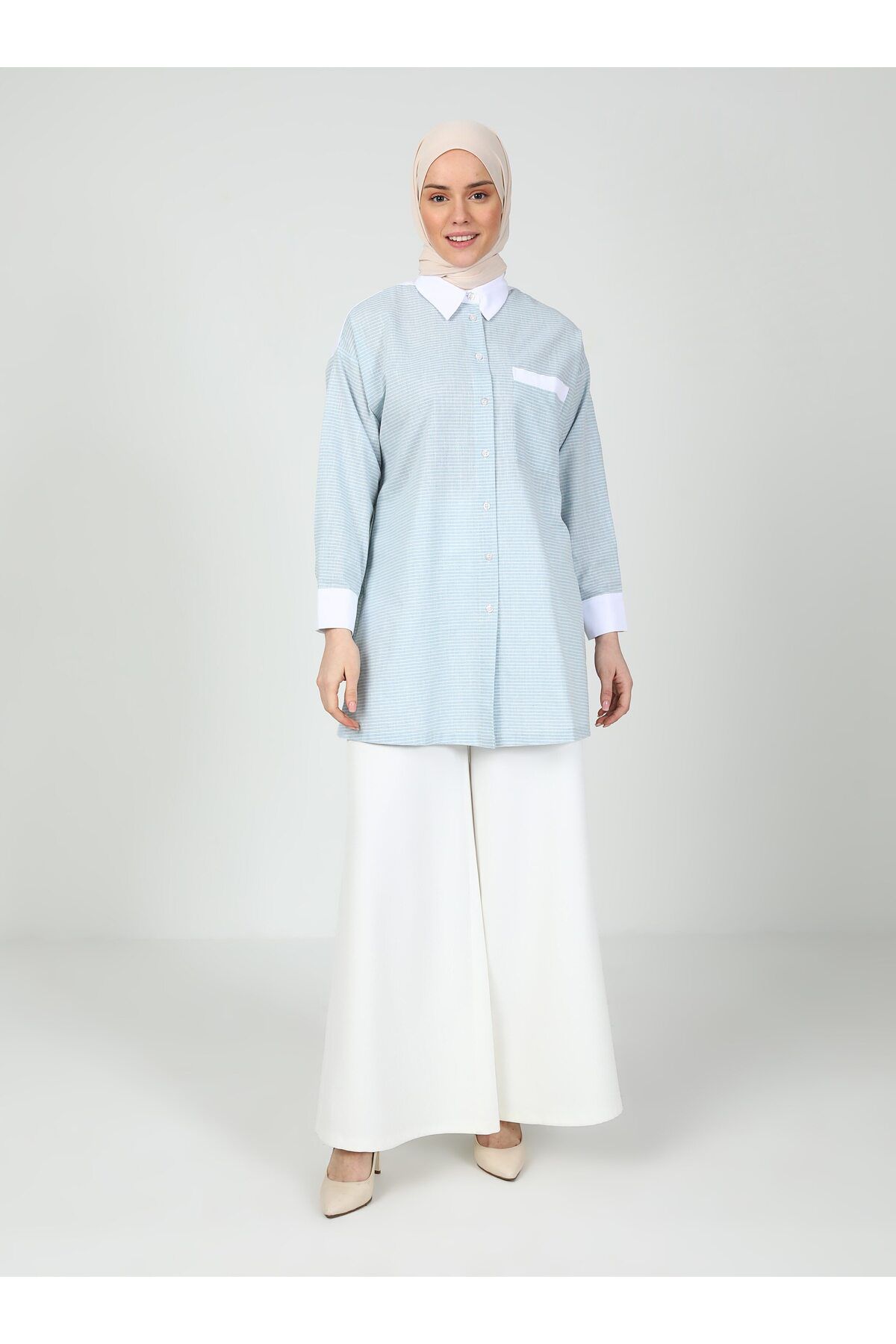 Tavin Renk Bloklu Bluz / Gömlek - Mavi Çizgili-Beyaz- Tavin