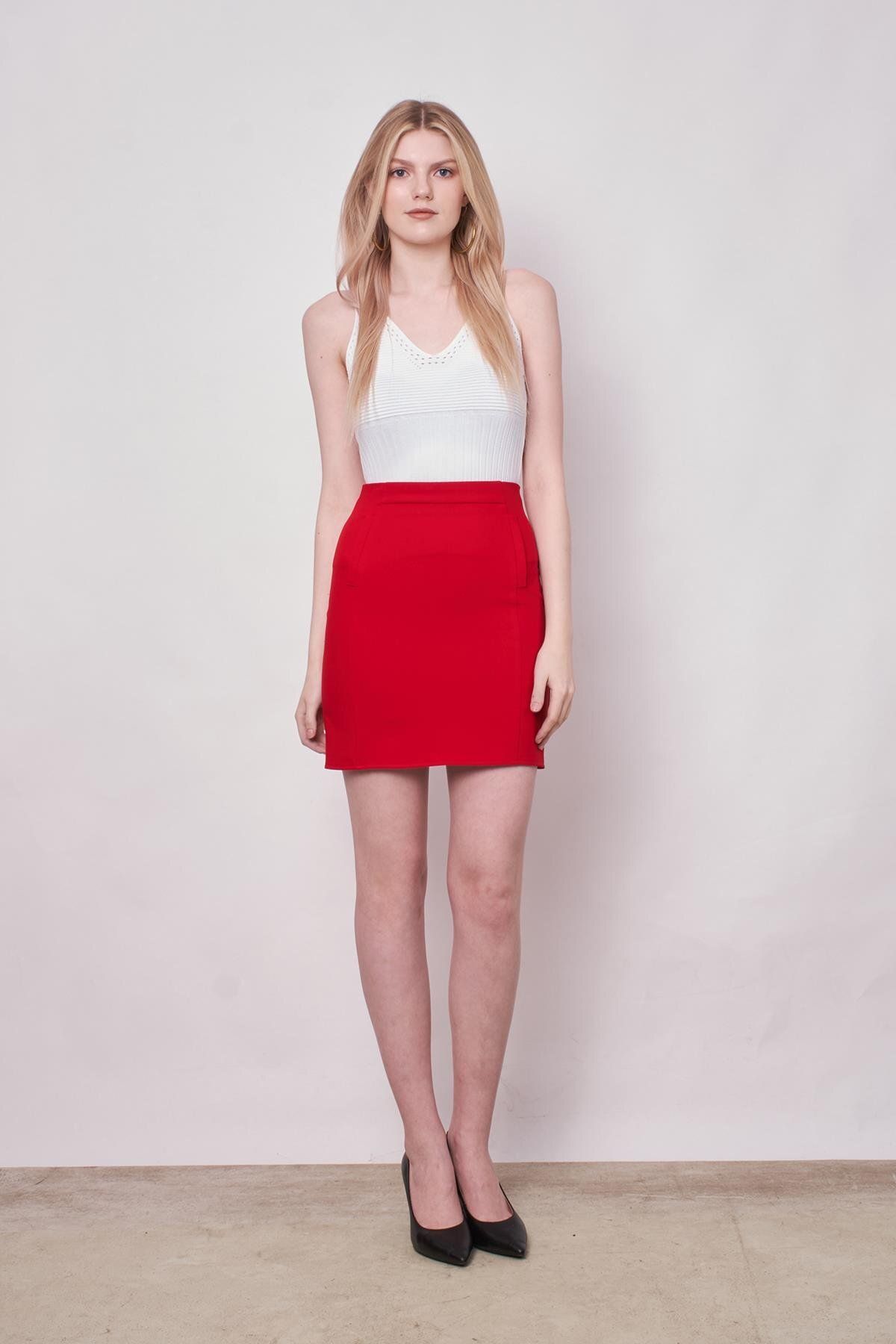 Jument Kadın Yüksek Bel Flato Cep Görüntülü Hafif Likralı Kumaş Kısa Kalem Etek-Kırmızı