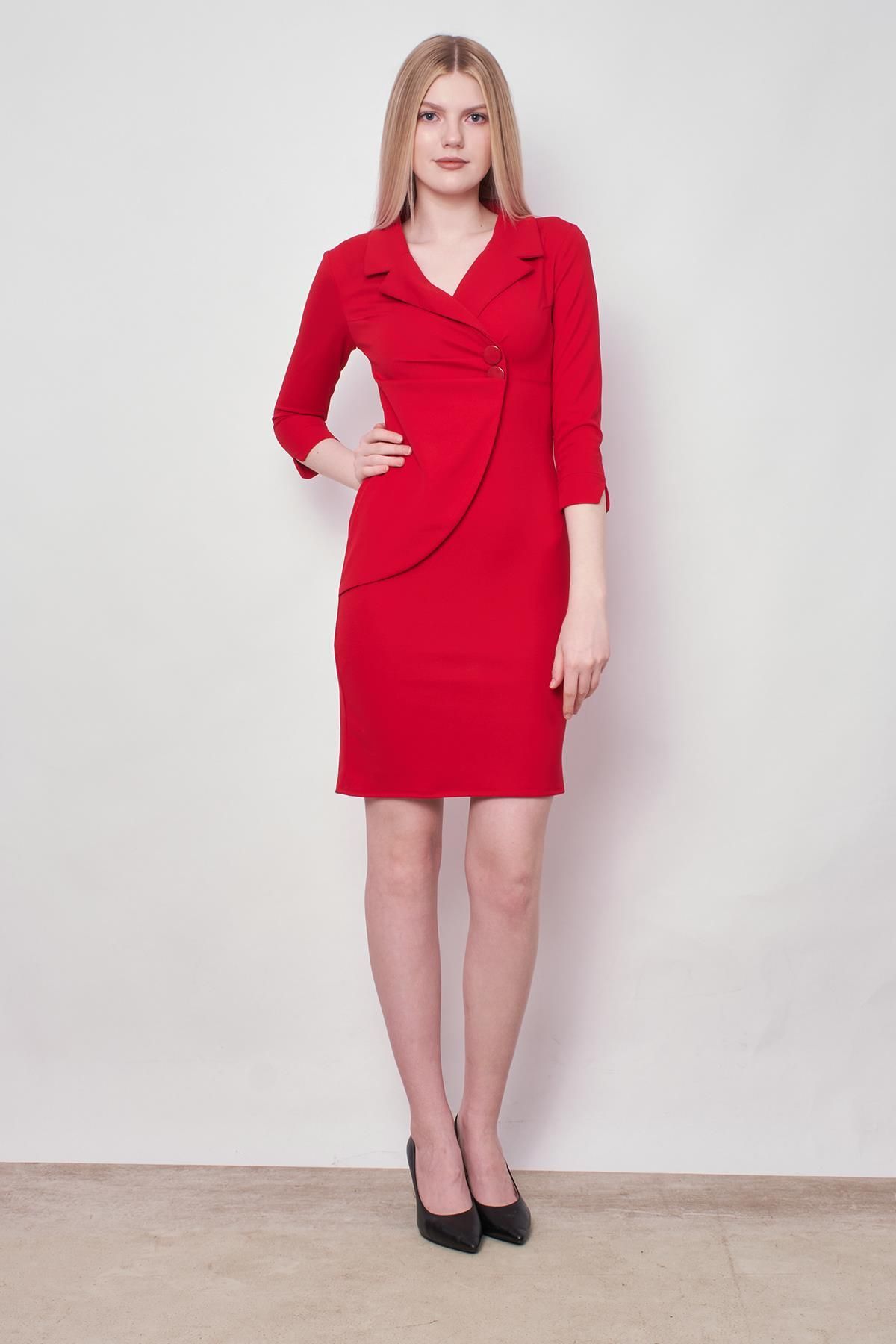Jument Likralı Krep Kumaş Ceket Görünümlü Kapri Kol Diz Üstü Ofis Elbise-Kırmızı