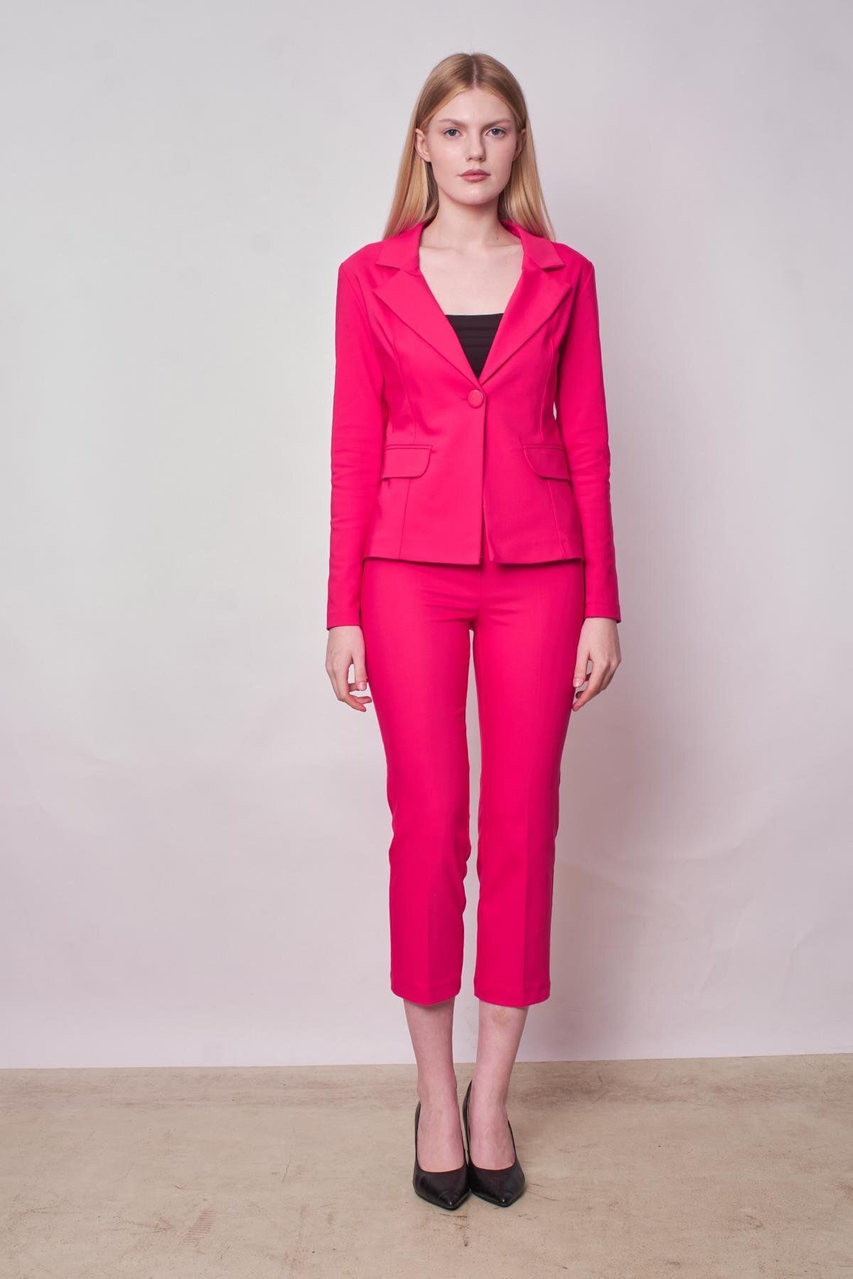 Jument Kadın Yakalı Cep Kapaklı Uzun Kol Hafif Likralı Kumaş Blazer Ceket(Pantolon Jument 40076)-Fujya