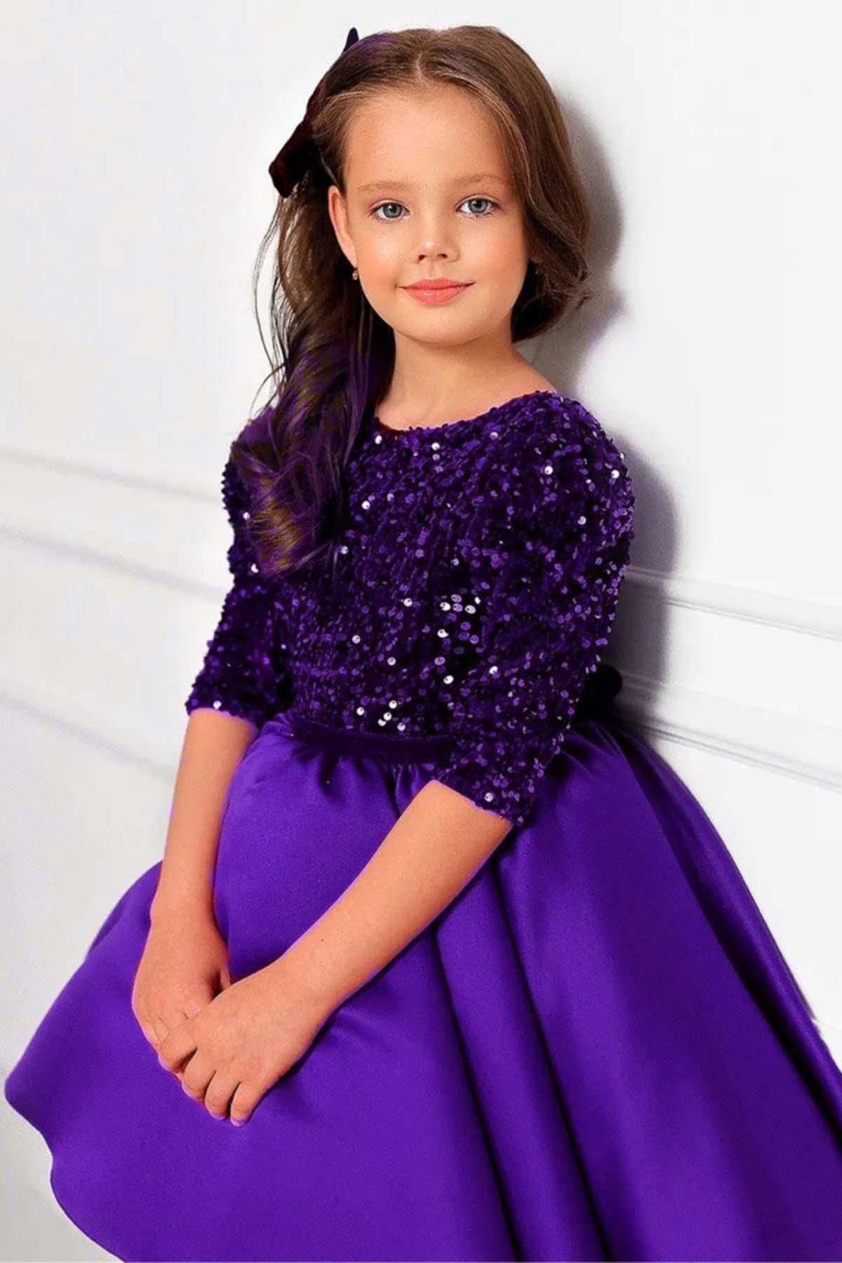 Riccotarz Kız Çocuk Üstü Parıldayan Pulpayet İşlemeli Beli Şerit ve Fiyonk Detaylı Mor Elbise