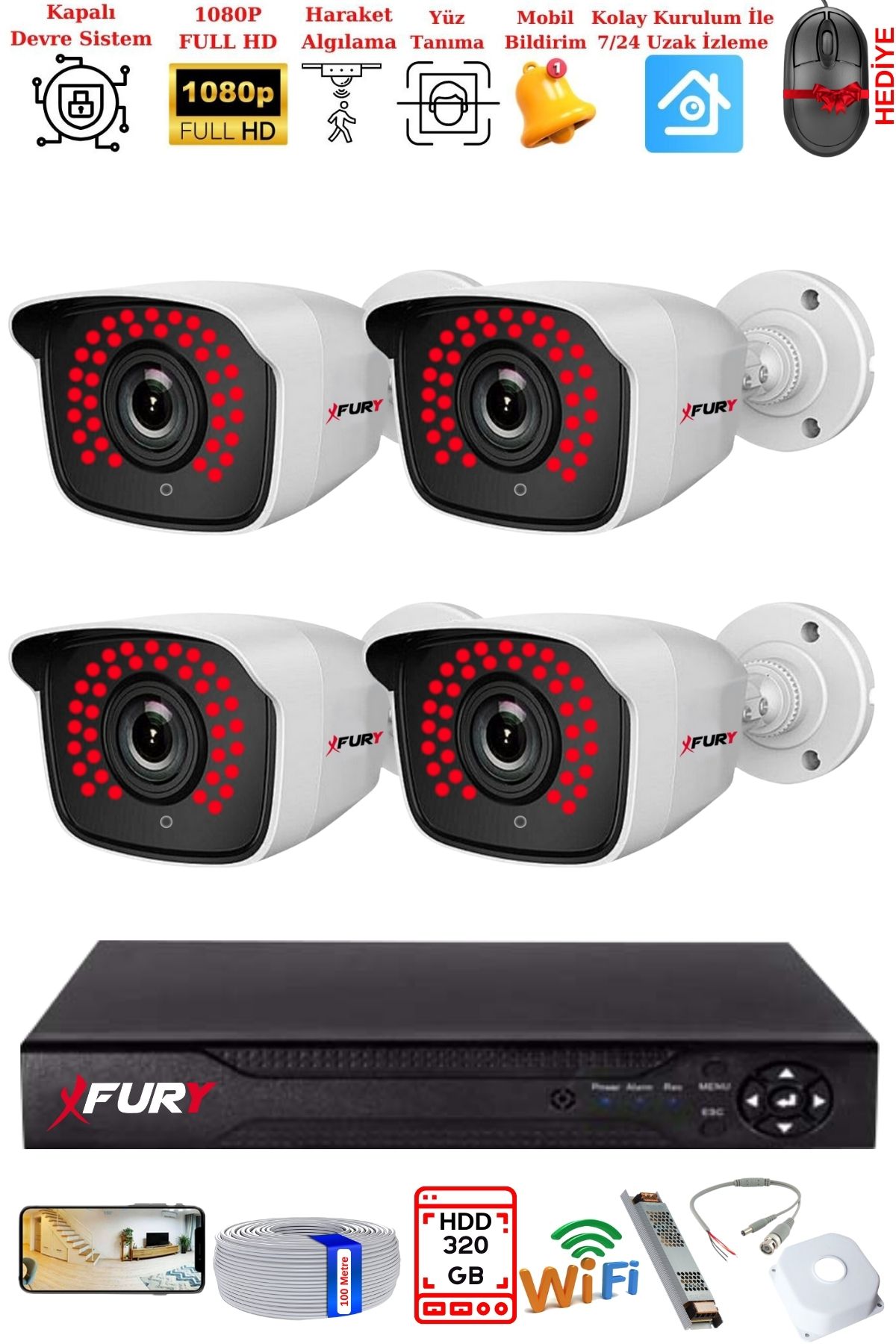 FURY 4 Kamera Geniş Açı 1080P Full HD Görüntü 36 Led Gece Görüşlü-Su Geçirmez  Güvenlik Kamera Seti 320GB