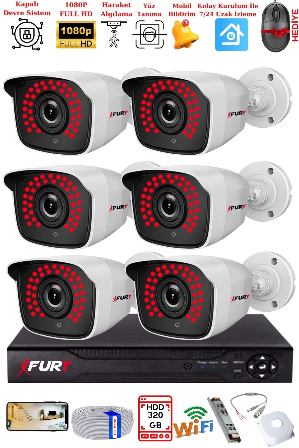 FURY 6 Kamera Geniş Açı 1080P Full HD Görüntü 36 Led Gece Görüşlü-Su Geçirmez  Güvenlik Kamera Seti 320GB