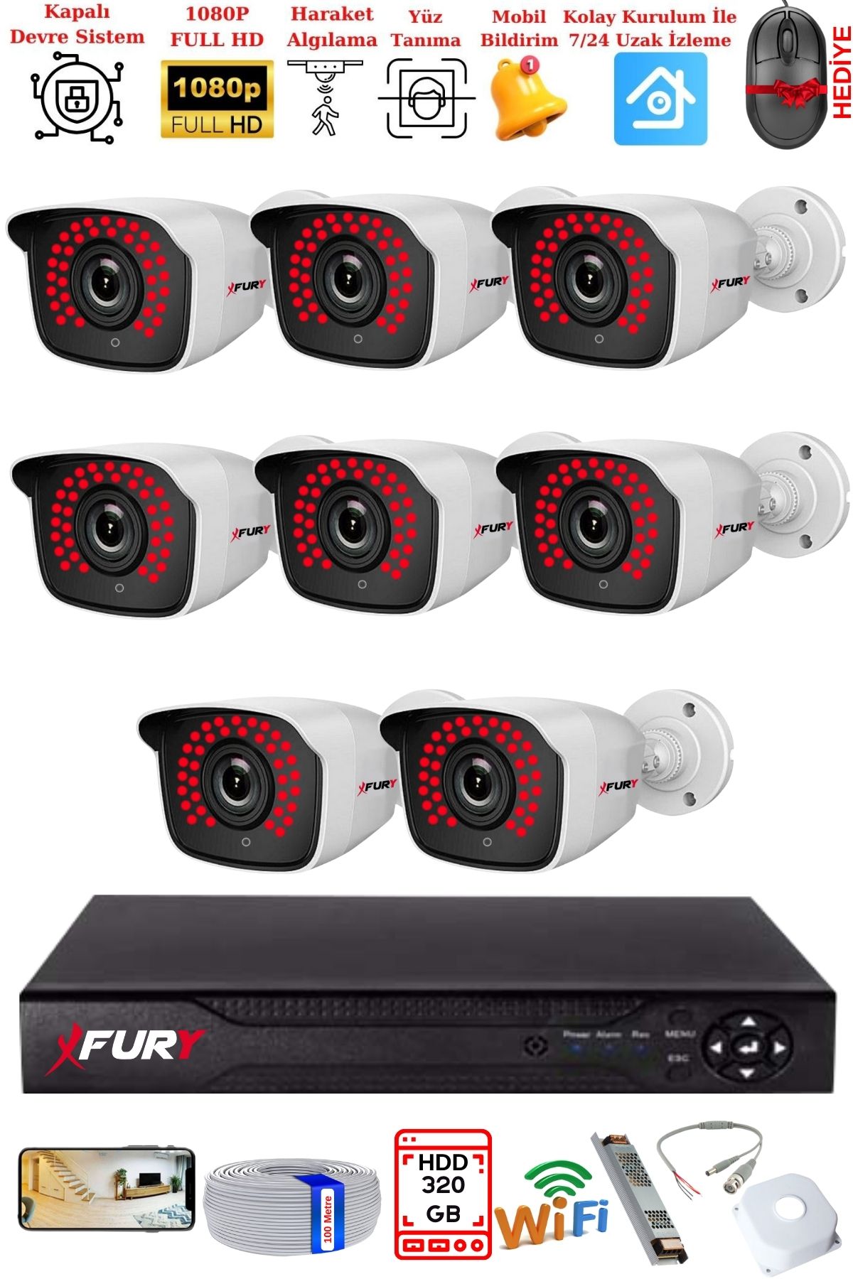 FURY 8 Kamera Geniş Açı 1080P Full HD Görüntü 36 Led Gece Görüşlü-Su Geçirmez  Güvenlik Kamera Seti 320GB