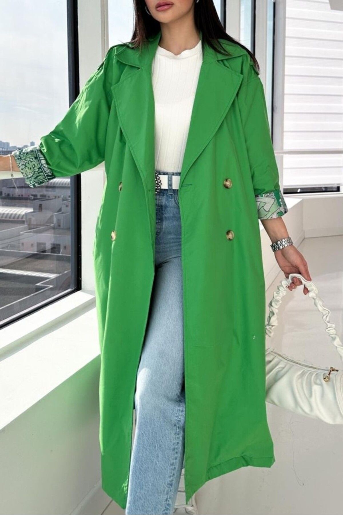 Suzi butik Kadın yeşil Oversize Garnili Astarı Desenli Trençkot