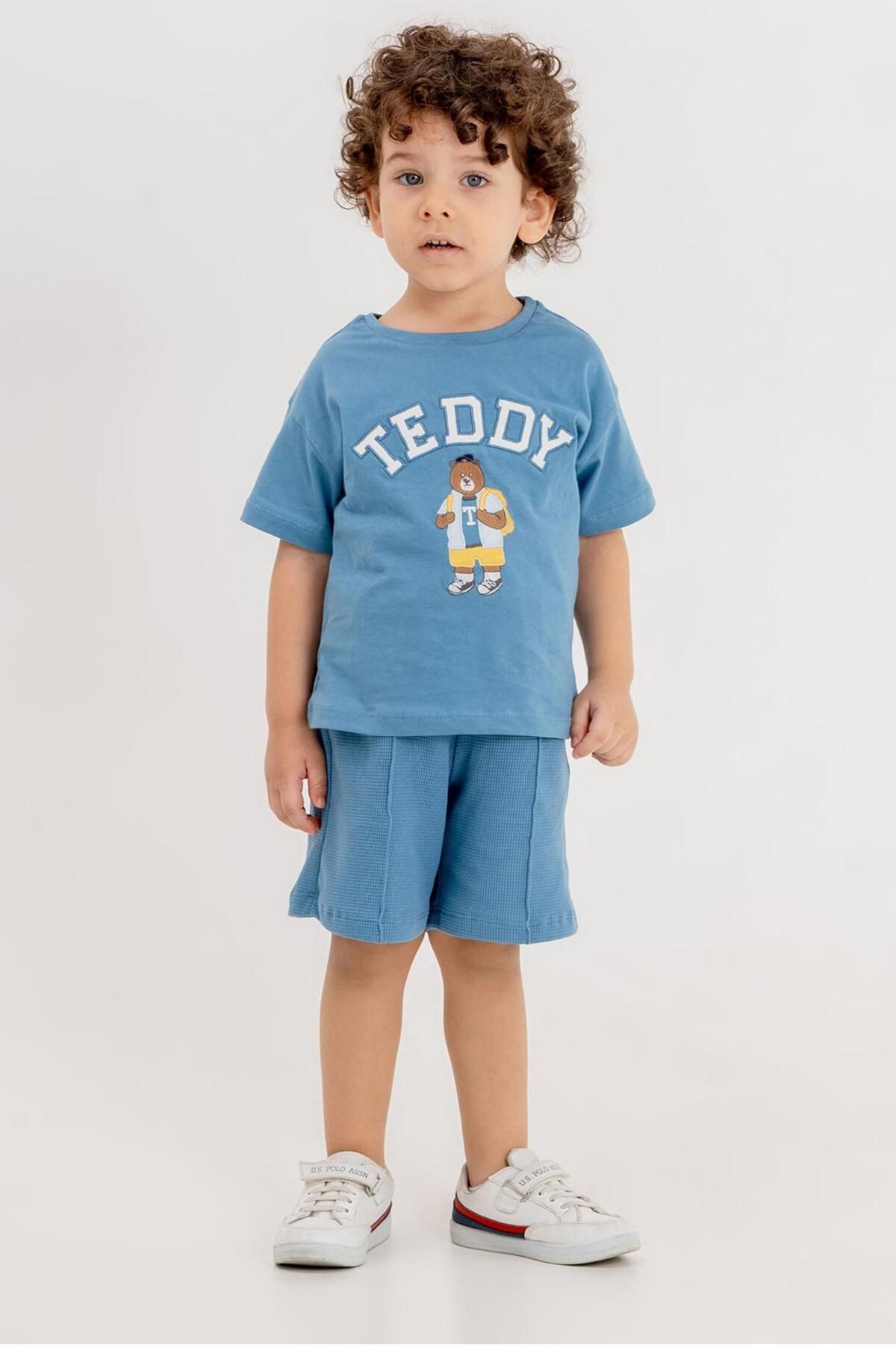 magu Erkek Çocuk Mavi Teddy  Pamuklu T-shirt Şort Alt-Üst Takım