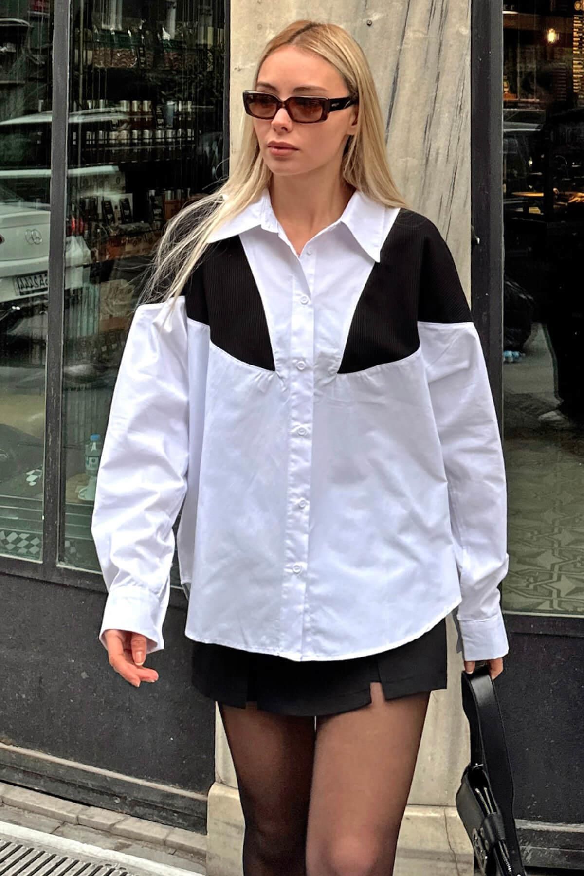 Swist Beyaz Triko Garnili Oversize Kadın Gömlek