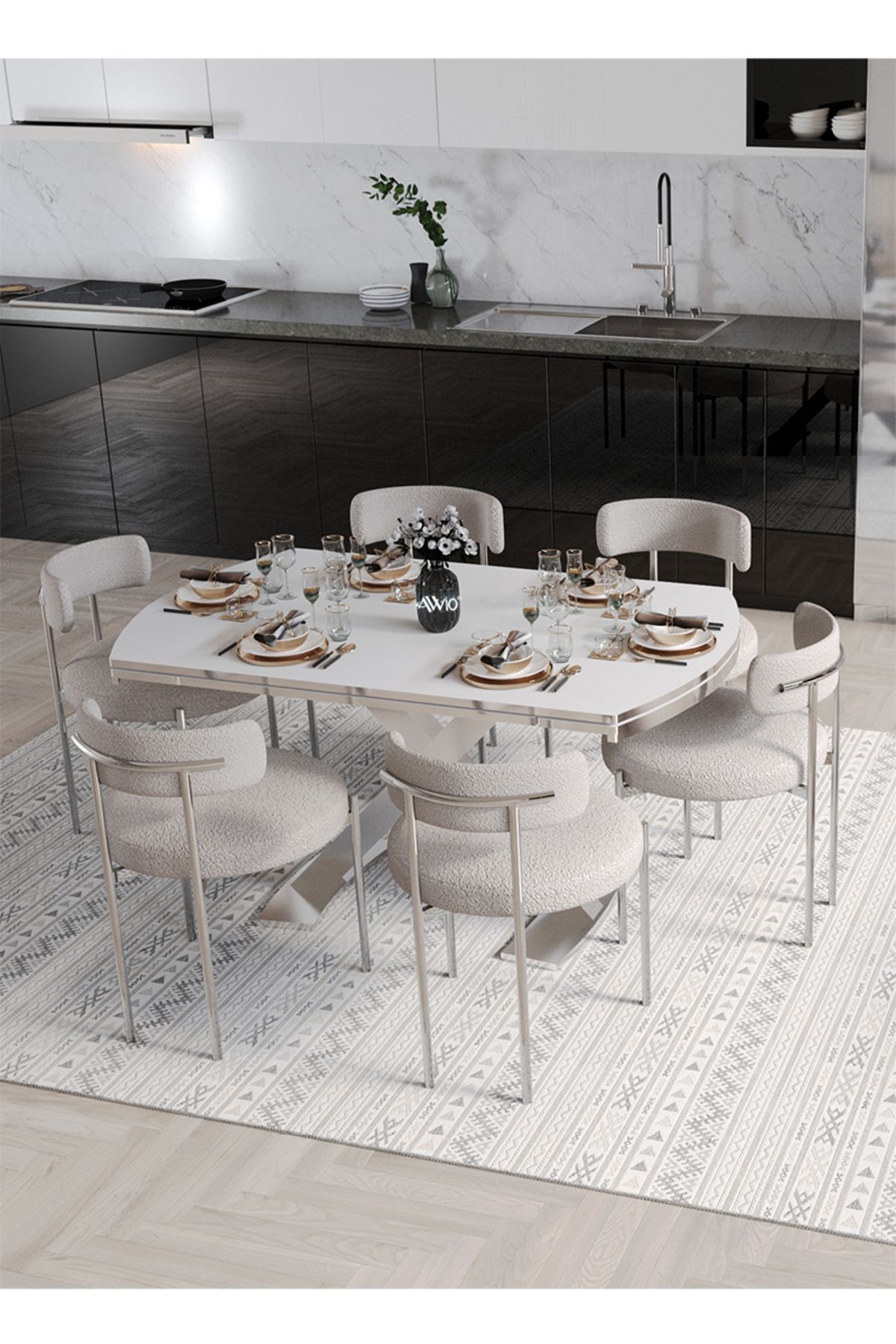 Avvio Wella Lak Panel 80x130 Açılır Yemek Masası Mutfak Masası 6 Kişilik Masa Sandalye Takımı