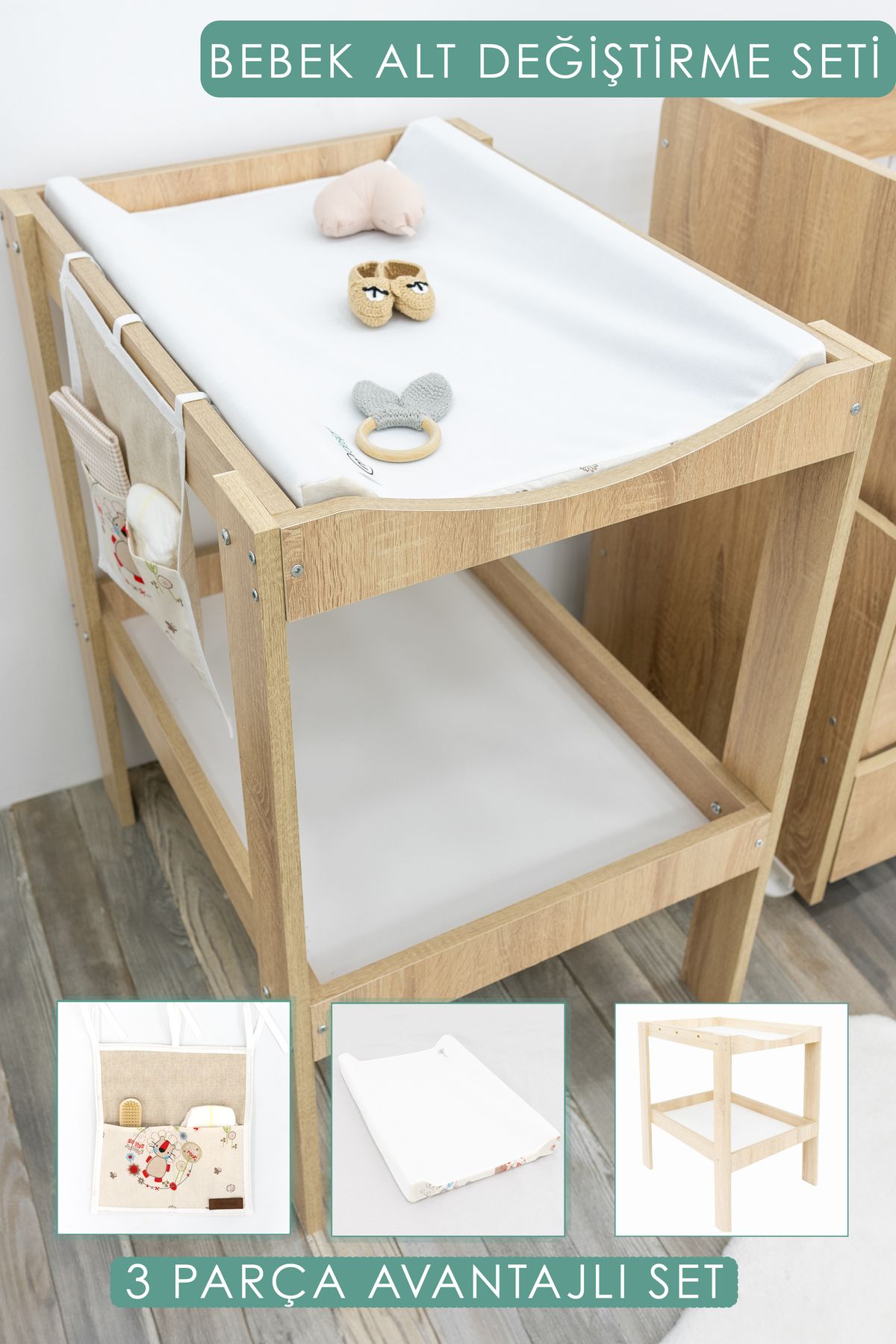 mordesign Bebek; 3'lü Avantajlı Set, Bebek Alt Değiştirme Masası; pedi, bağlamalı Organizer, Daisy, Kahve