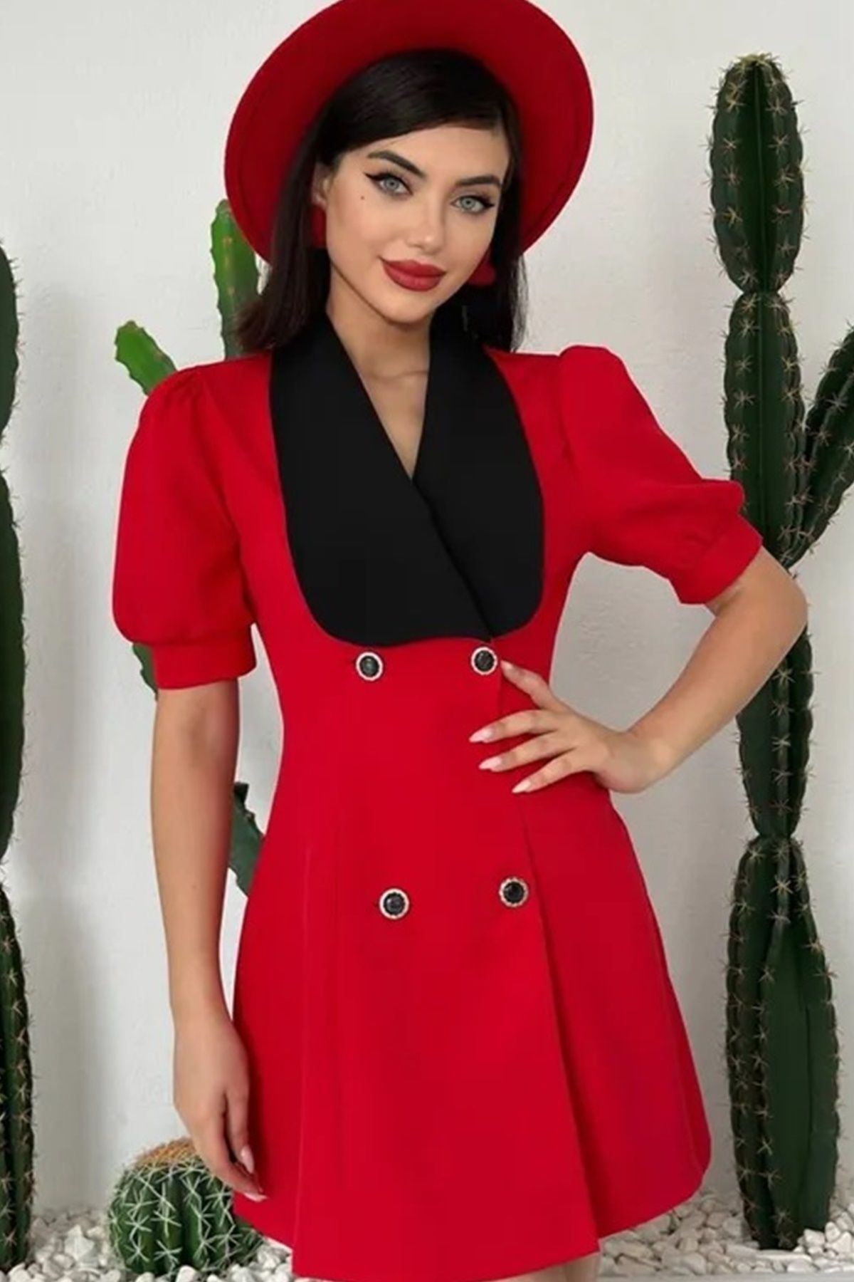 WOMAN VISION Kadın Atlas Kumaş Geniş Ceket Yakalı Kısa Kollu Kırmızı Ceket Elbise 154