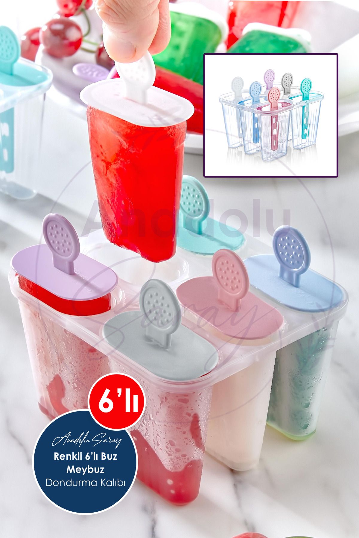 Anadolu Saray Renkli Pratik 6'lı Meybuz Buz Dondurma Kalıbı | 6 Adet Buz Meybuz Ve Dondurma Kalıbı