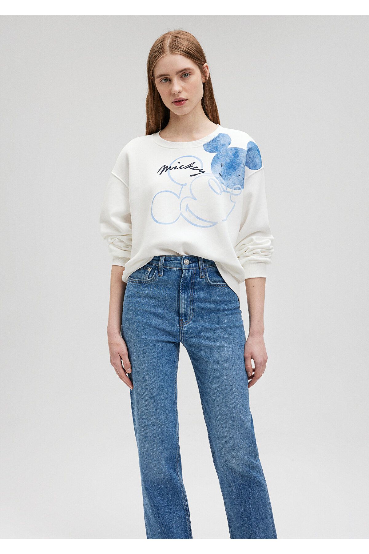 Mavi Mickey Mouse Baskılı Beyaz Sweatshirt 1S10109-80194