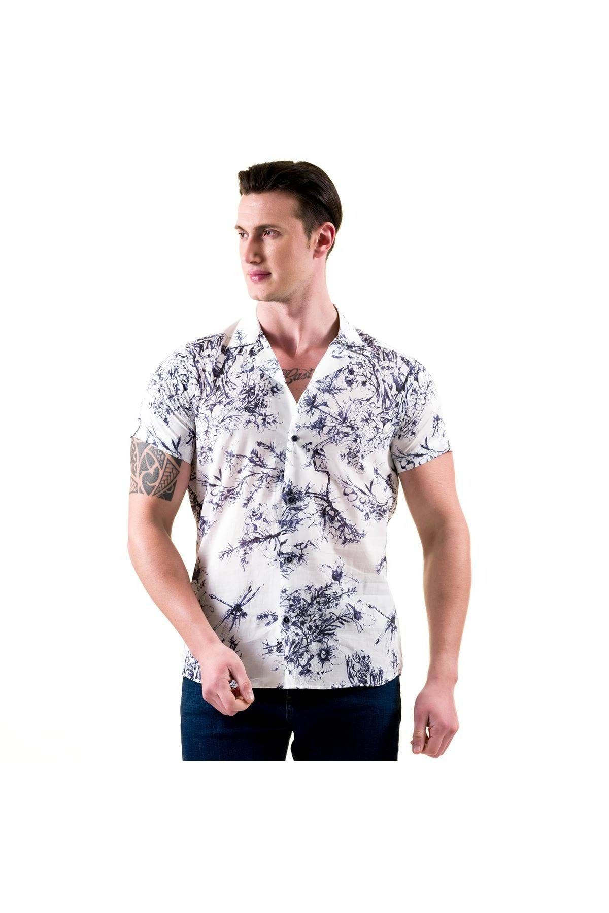 Exve Exclusive Beyaz Üzerine Mavi Sulu Boya Stil Çiçek Baskılı Tasarım Hawaii Apaş Yaka Kısa Kollu Yazlık Gömlek