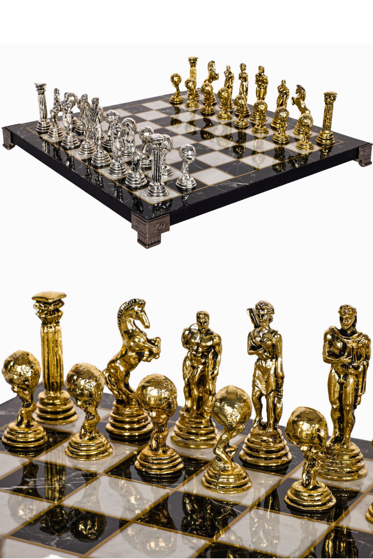 Cooper Chess Metal Satranç Takımı | 30cm Mermer Desenli Satranç Tahtası | Mitoloji Titan Atlas Herkül Figürlü