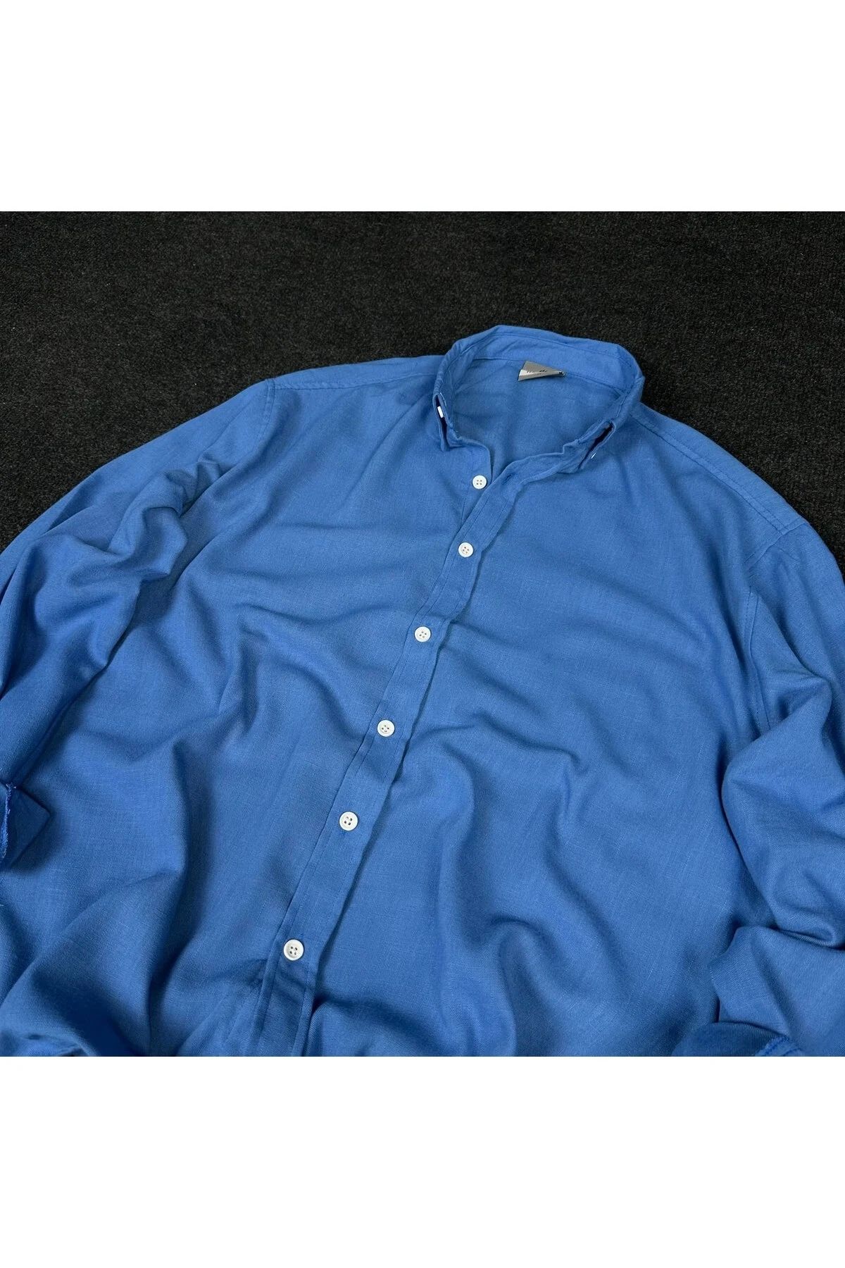 çerme Mavi Erkek Basic Oversize Gömlek Yaka Uzun Kollu Yazlık Gömlek