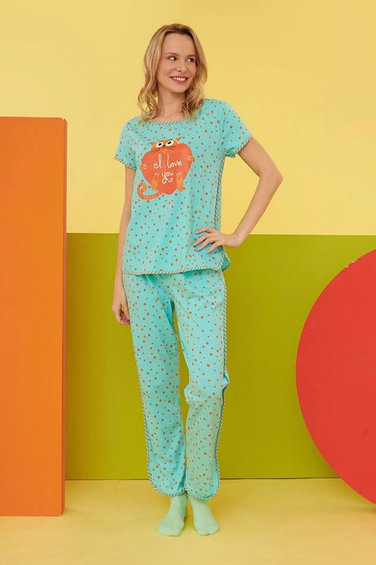 Nbb Baskılı  Kısa Kollu Pijama Takımı  %100 Pamuk
