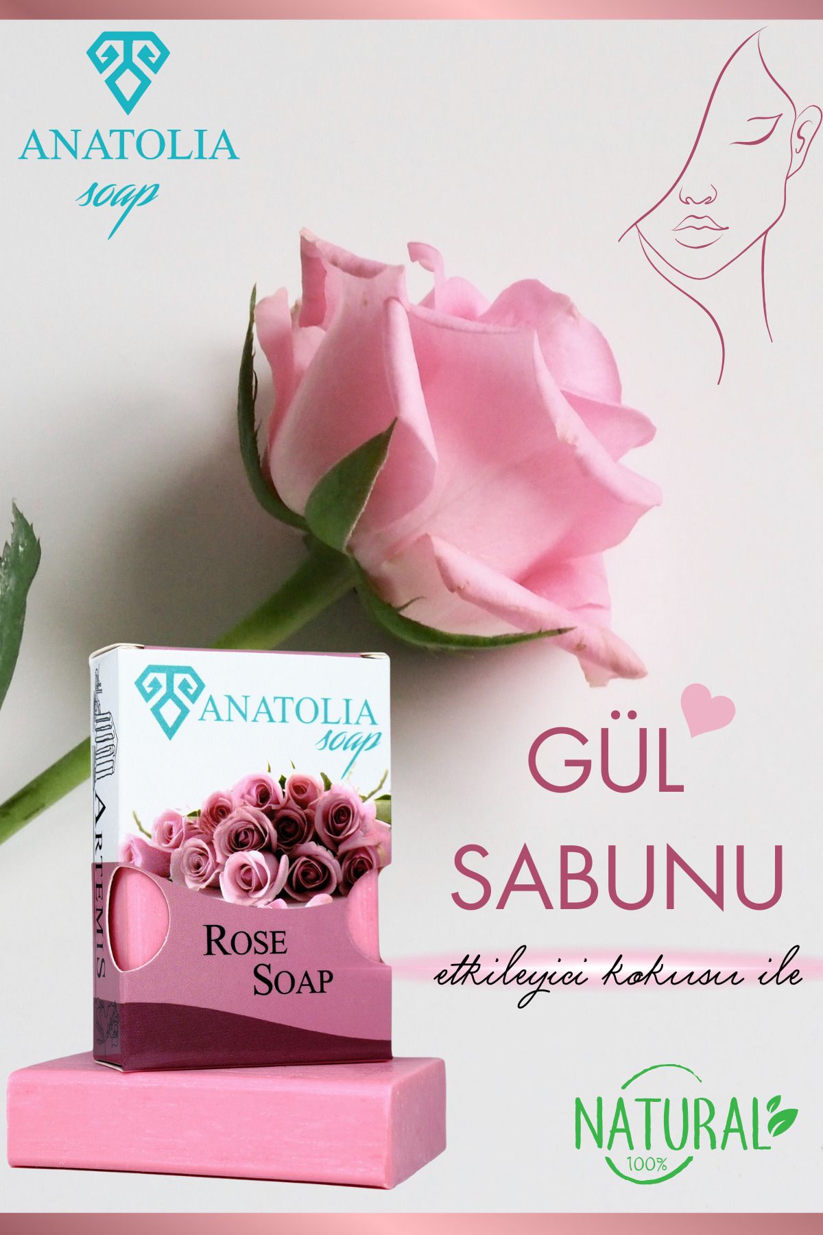 Anatolia Soap Gül Sabunu, Gül Yaprağı Sabunu Aroma Terapi Cilt Besleyici Bitkisel 100 gr,