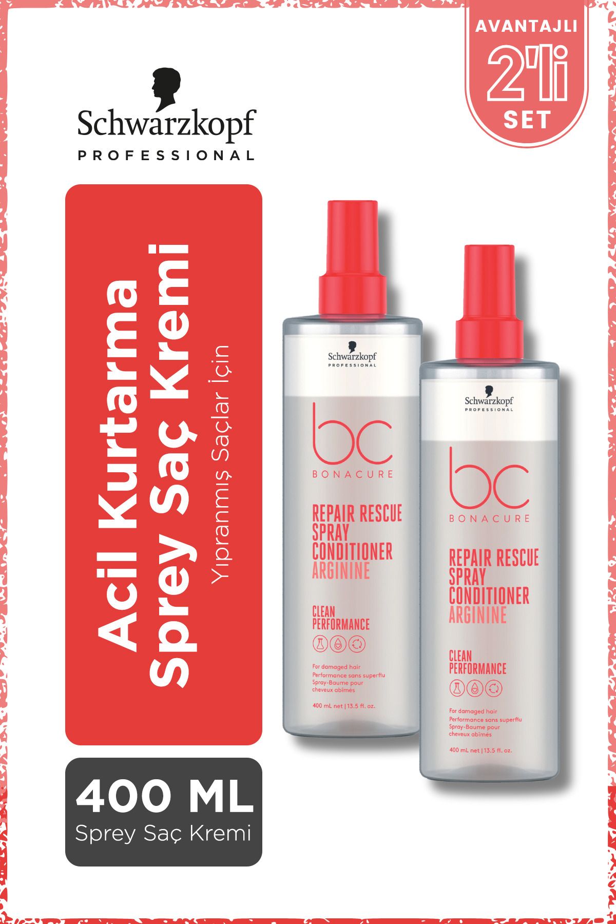 Bonacure BC Clean Acil Kurtarma Sprey Saç Kremi 400ml x 2 Adet - Yıpranmış veya İşlem Görmüş Saçlar İçin