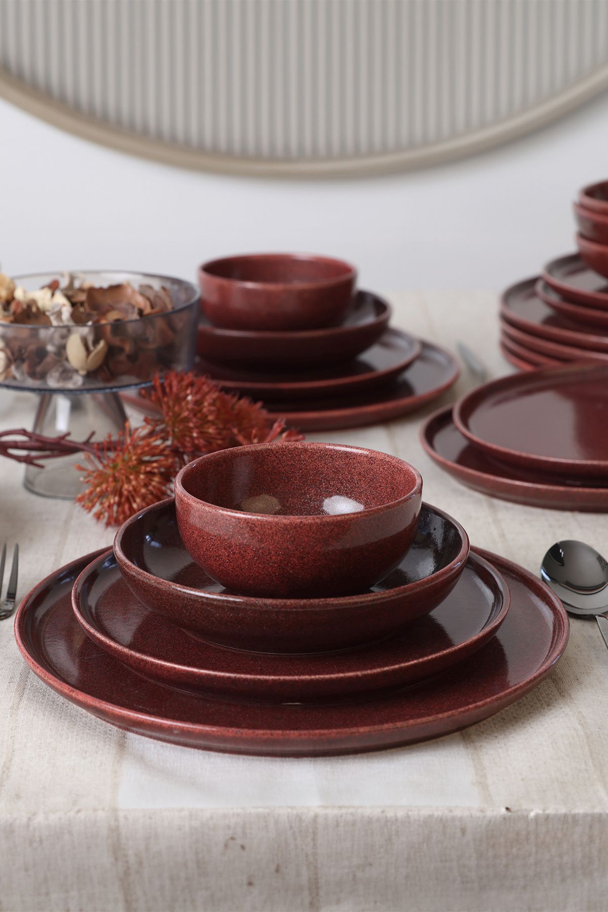 Keramika Twinkle Simli Kırmızı 24 Parça 6 Kişilik Yemek Takımı