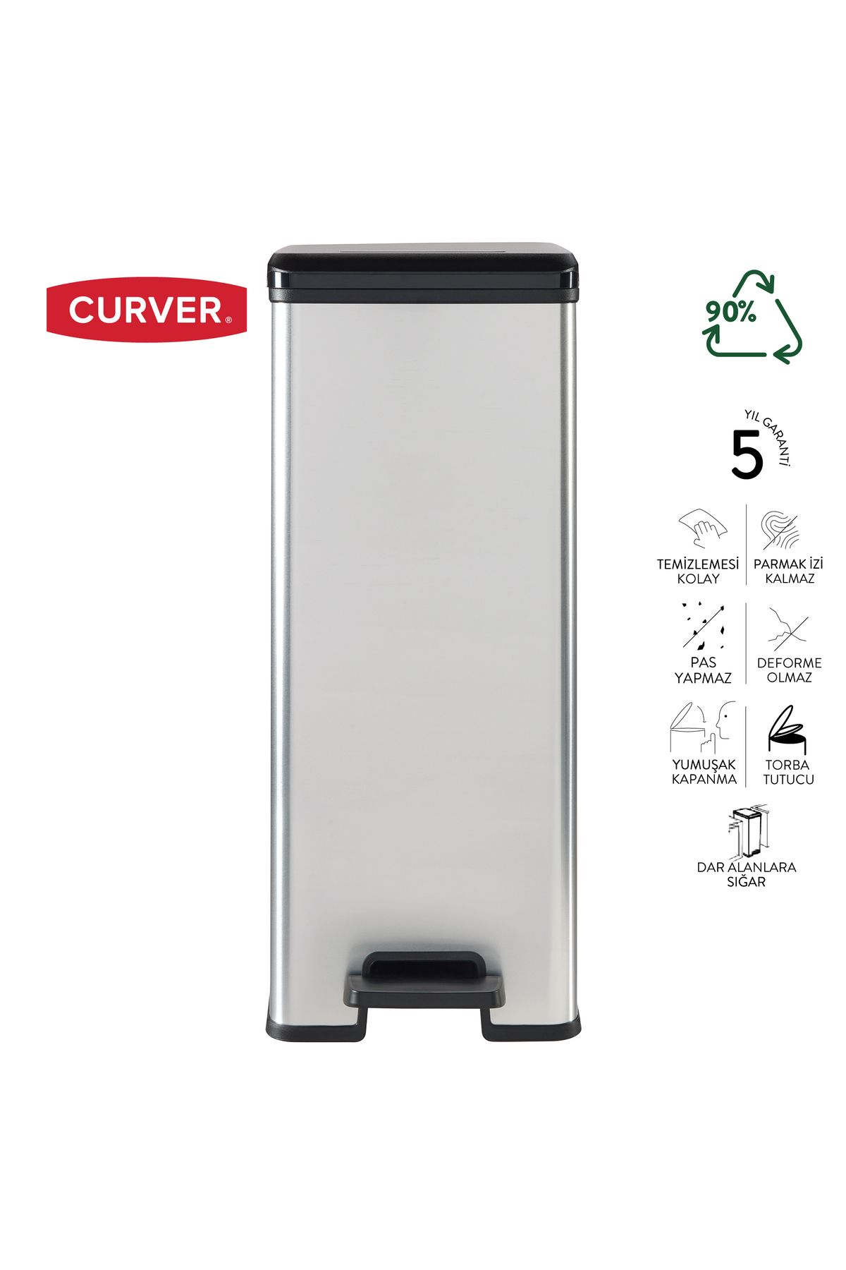 CURVER DecoBin Slim 40L Metal Görünümlü, Yumuşak kapanan, Pedallı, 1. Sınıf Plastik, Çöp Kovası