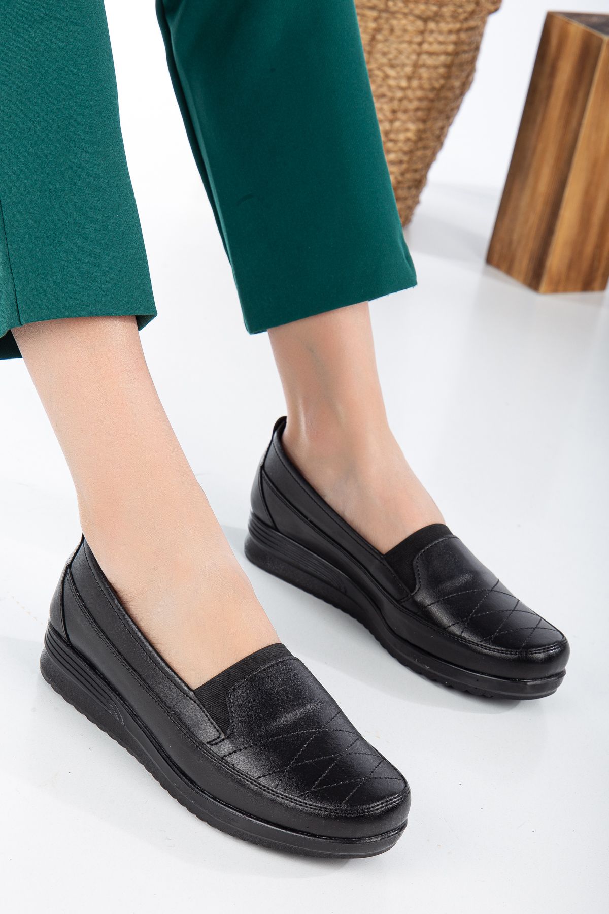 NAKKA Nk03 Siyah Günlük Anne Ortopedik Ayakkabı Kadın Babet Ayakkabı Klasik Ayakkabı Deri Ayakkabı