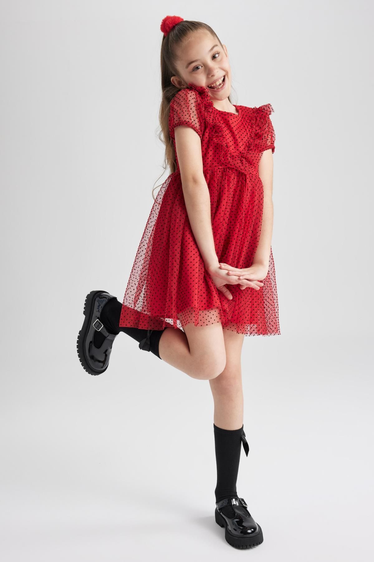 Defacto Kız Çocuk Kırmızı Kısa Kollu Tül Elbise X3769a622sm