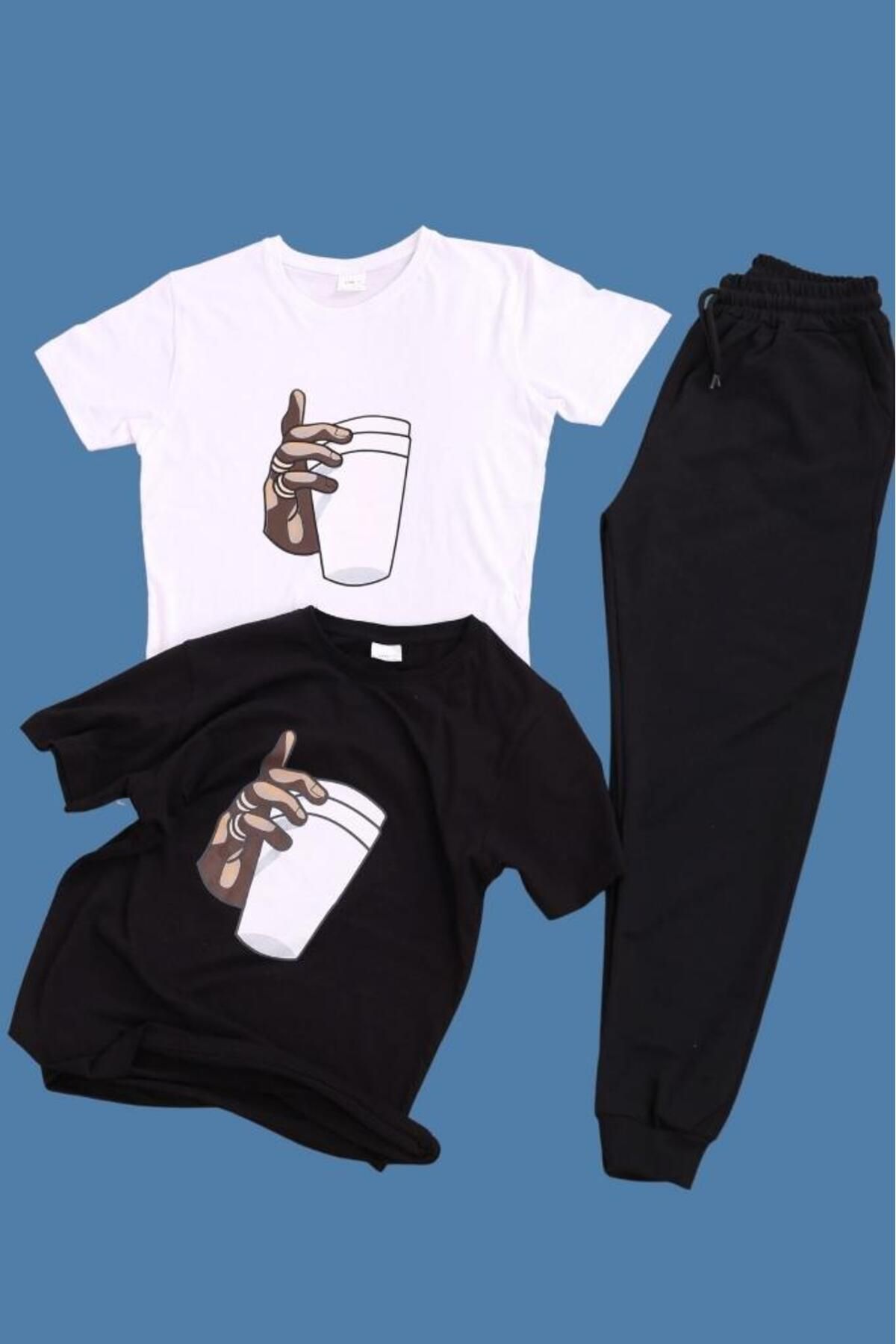 Çiggo Kids 2 Coffee Bardak Baskılı T-shirt Ve 1 Cepli Jogger Düz Eşofman Altı Takım