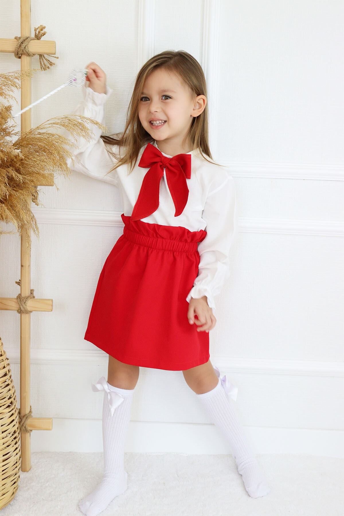 Parla Kids Kız Çocuk Uzun Kollu Kırmızı Etek Bluz Fular Takım