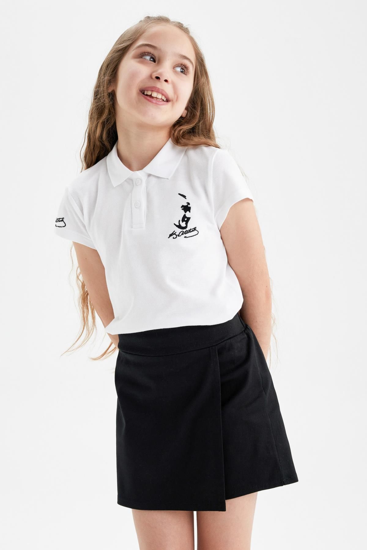 Defacto Kız Çocuk Atatürk Baskılı Pike Kısa Kollu Beyaz Polo Tişört Z5094a623sm