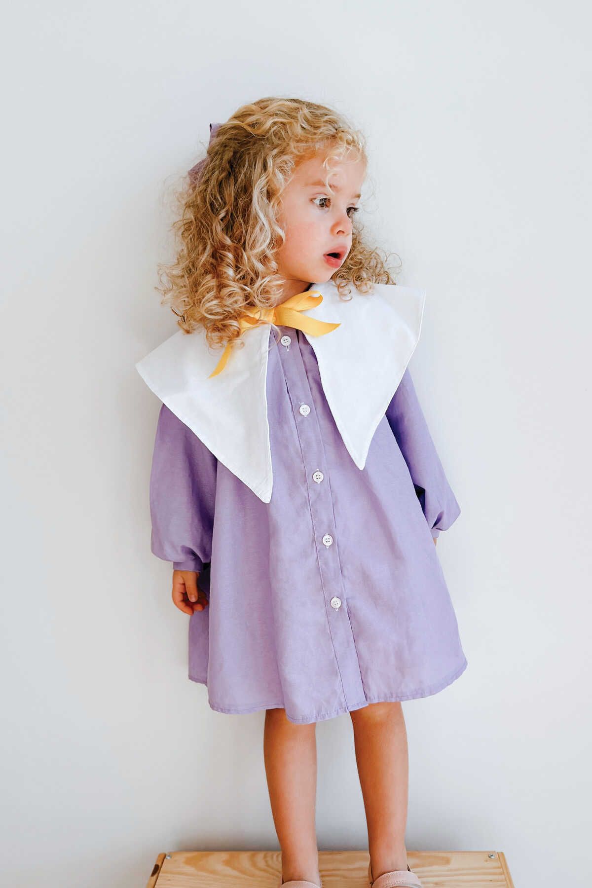 Little Honey Bunnies Nostaljik Yaka Önden Düğmeli Lila Kız Çocuk Elbise